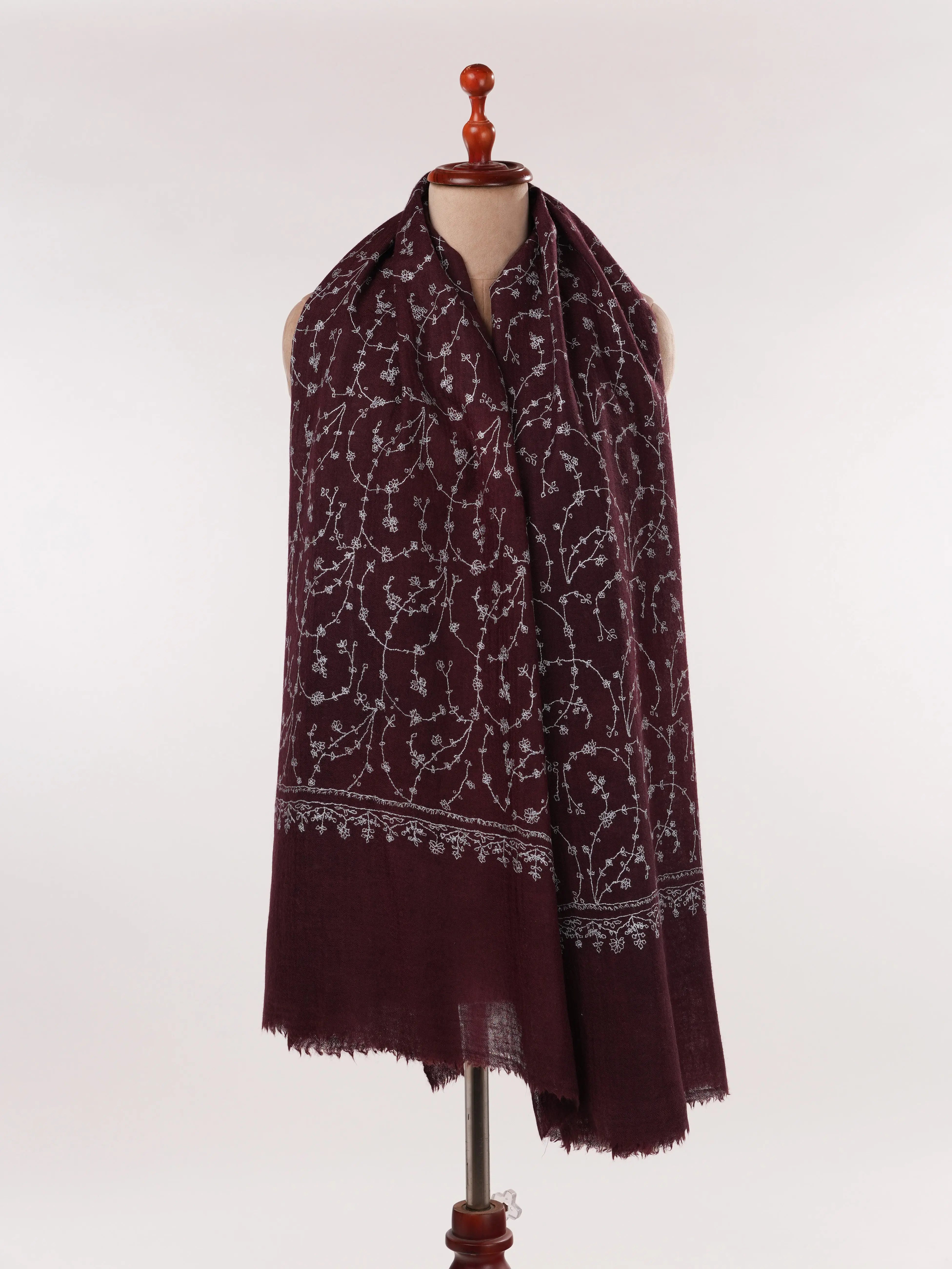 Wine Fine Wool Boiled Shawl with Traditional Jali Hand Embroidery Shahkaar.com