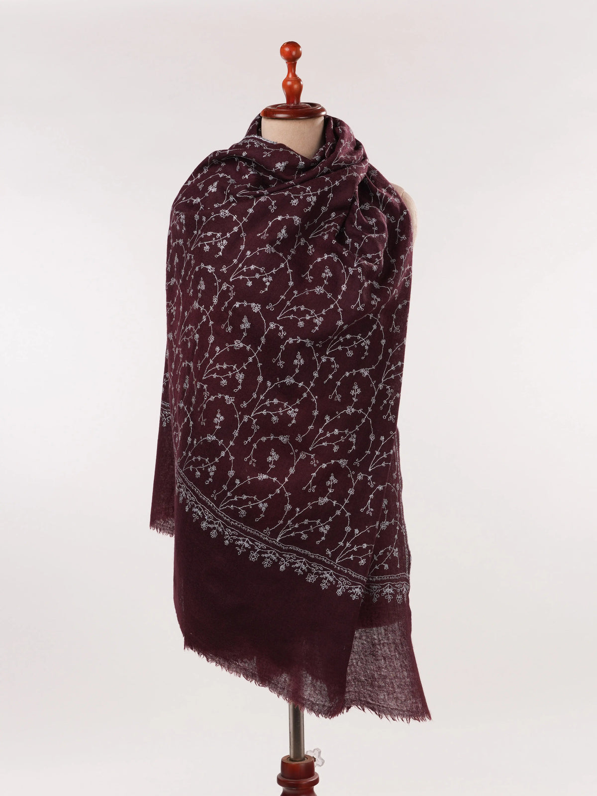 Wine Fine Wool Boiled Shawl with Traditional Jali Hand Embroidery Shahkaar.com