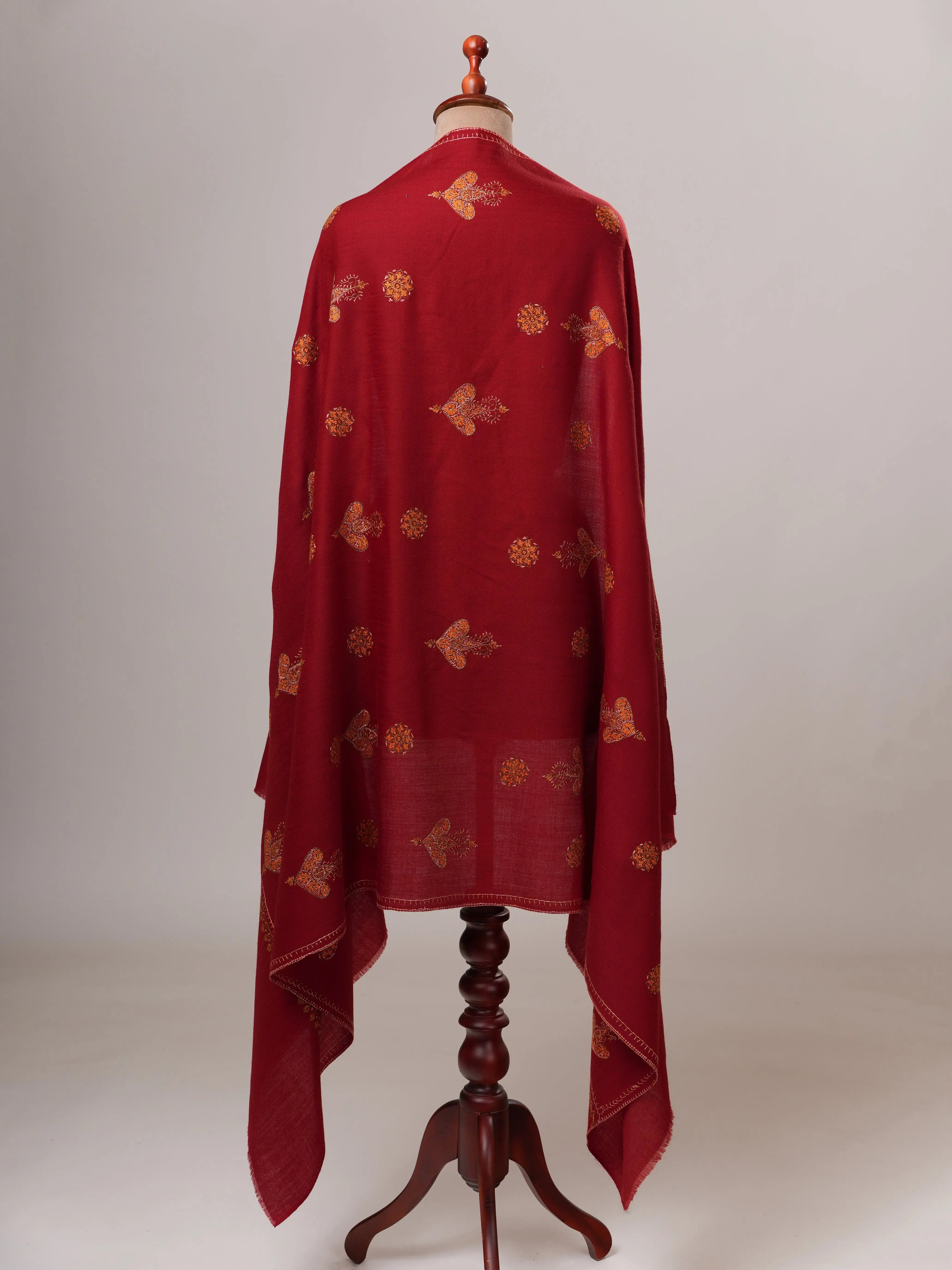Maroon Buti Hand Embroidered Fine Wool Indian Shawl Shahkaar
