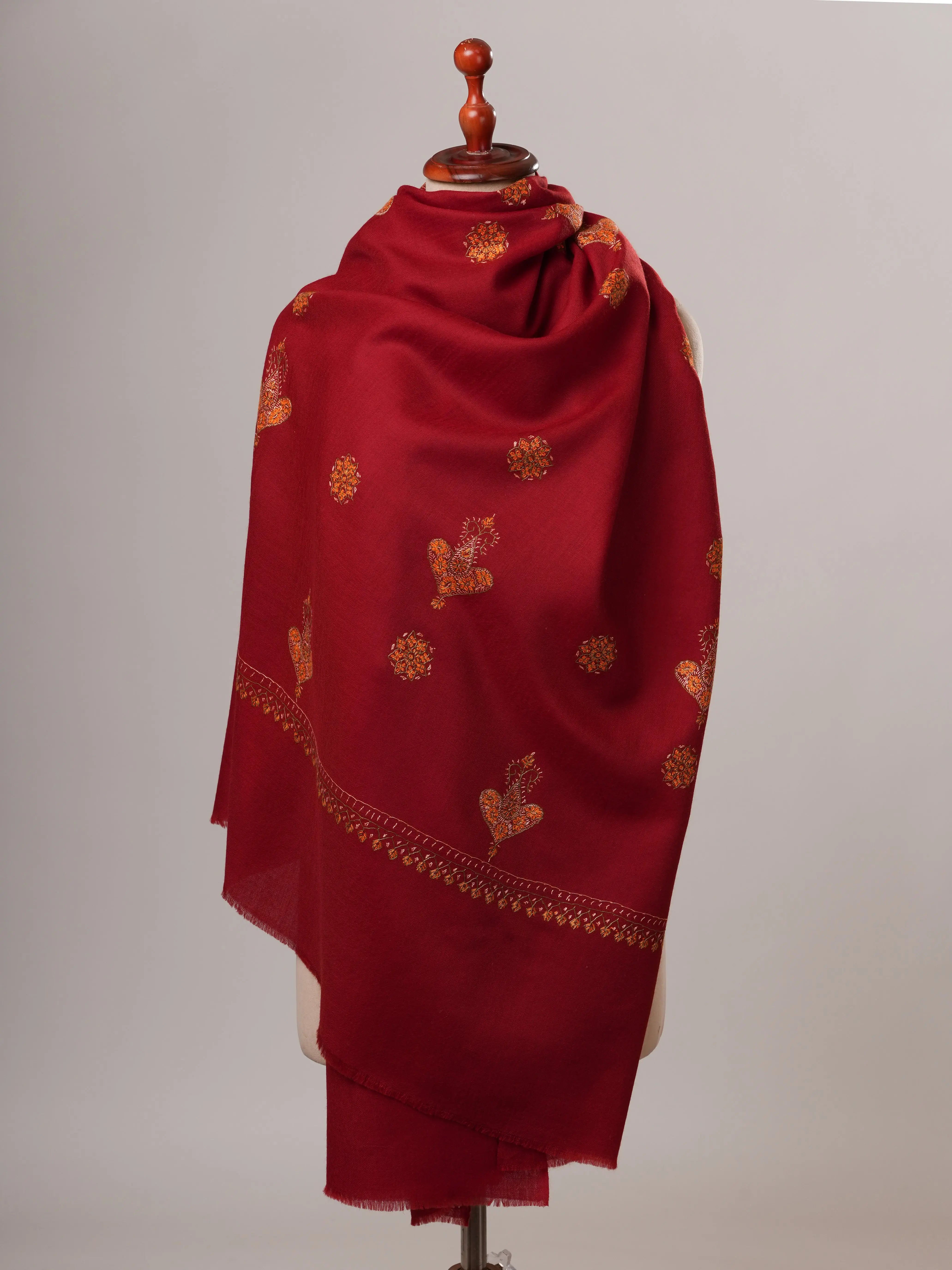 Maroon Buti Hand Embroidered Fine Wool Indian Shawl Shahkaar