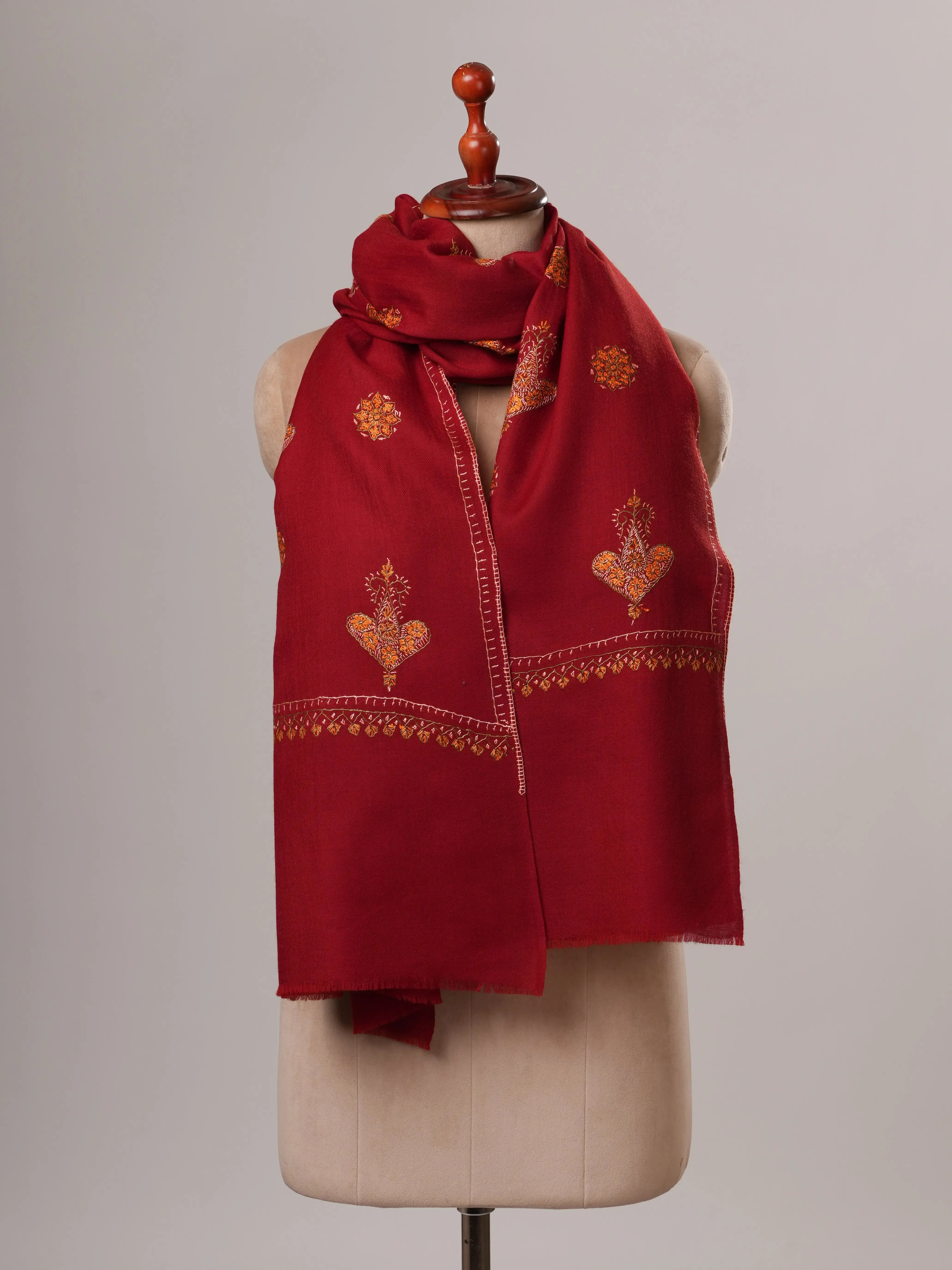 Maroon Buti Hand Embroidered Fine Wool Indian Shawl Shahkaar