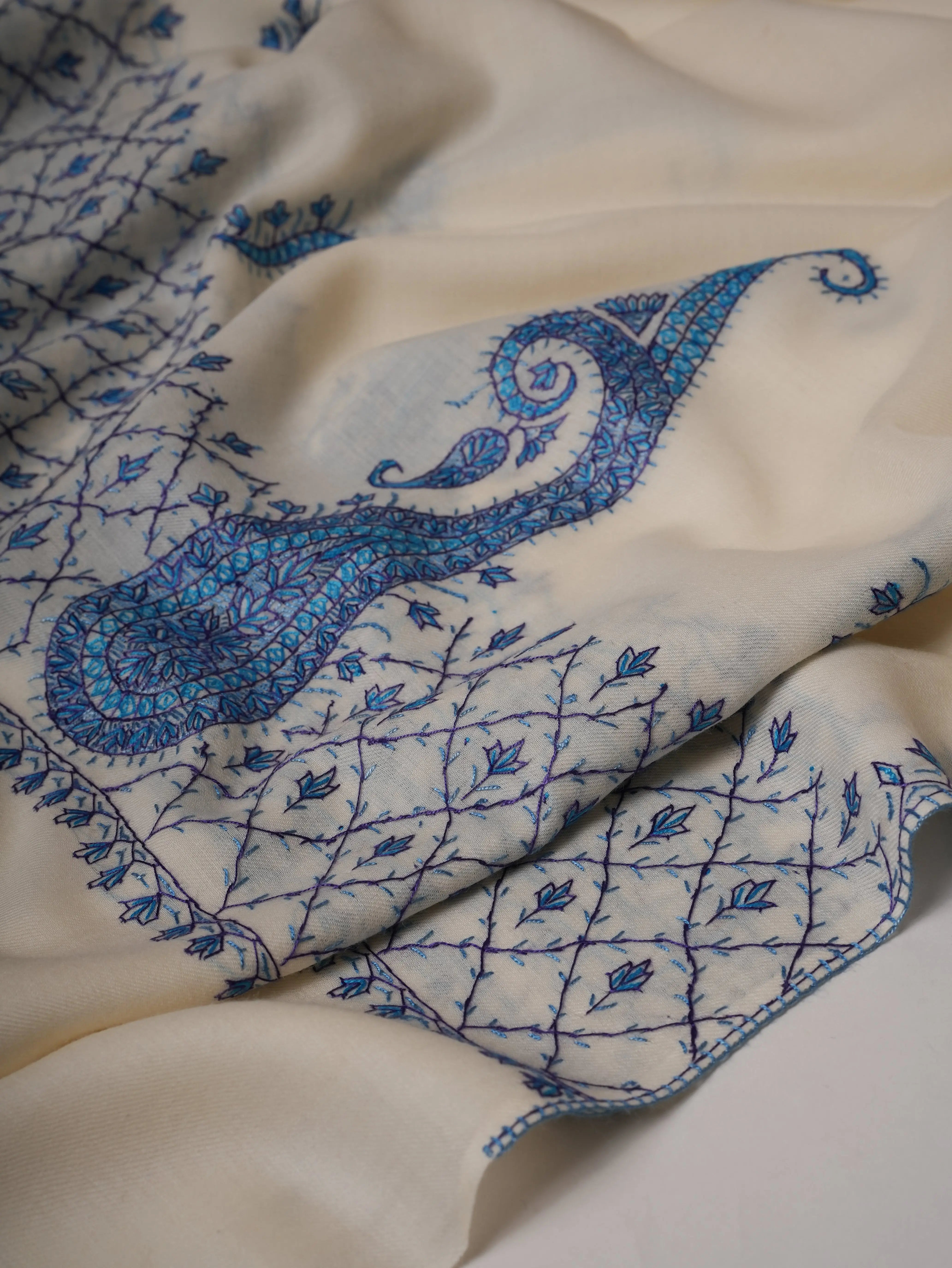White Fine Wool Hand Embroidered Palla Kashmiri Shawl Shahkaar