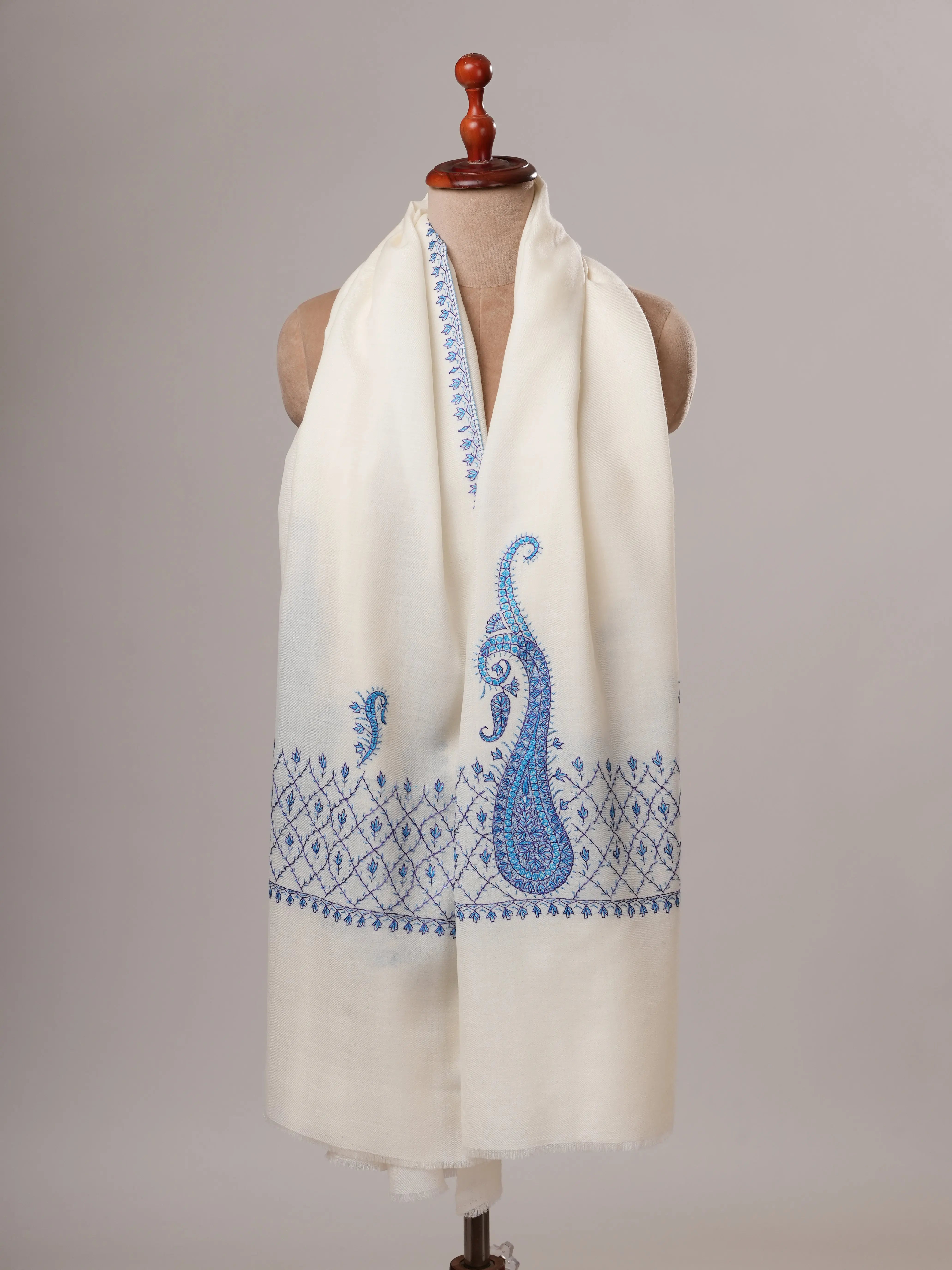 White Fine Wool Hand Embroidered Palla Kashmiri Shawl Shahkaar
