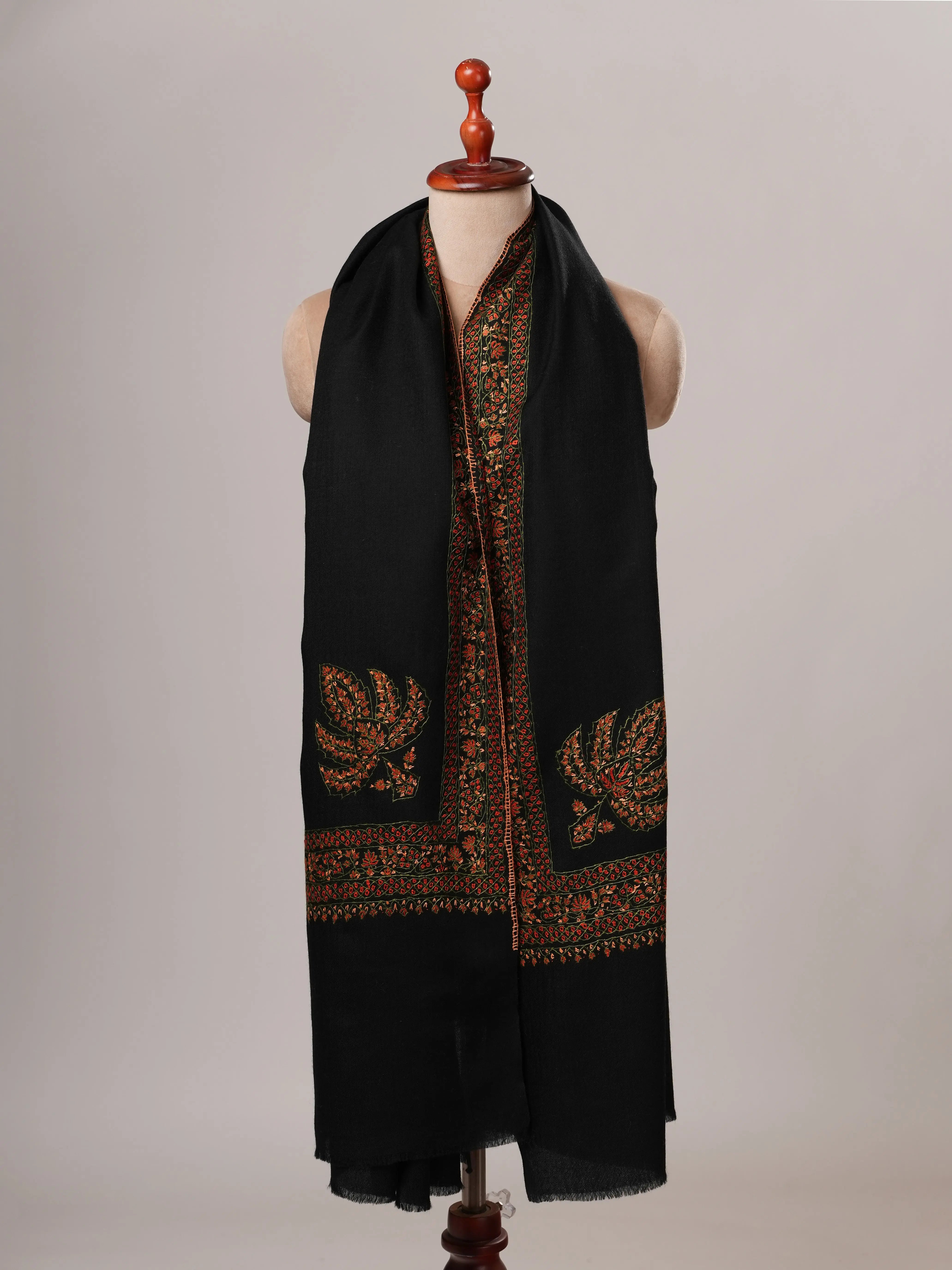 Black Daur Dar Hand Embroidered Fine Wool Shawl Shahkaar