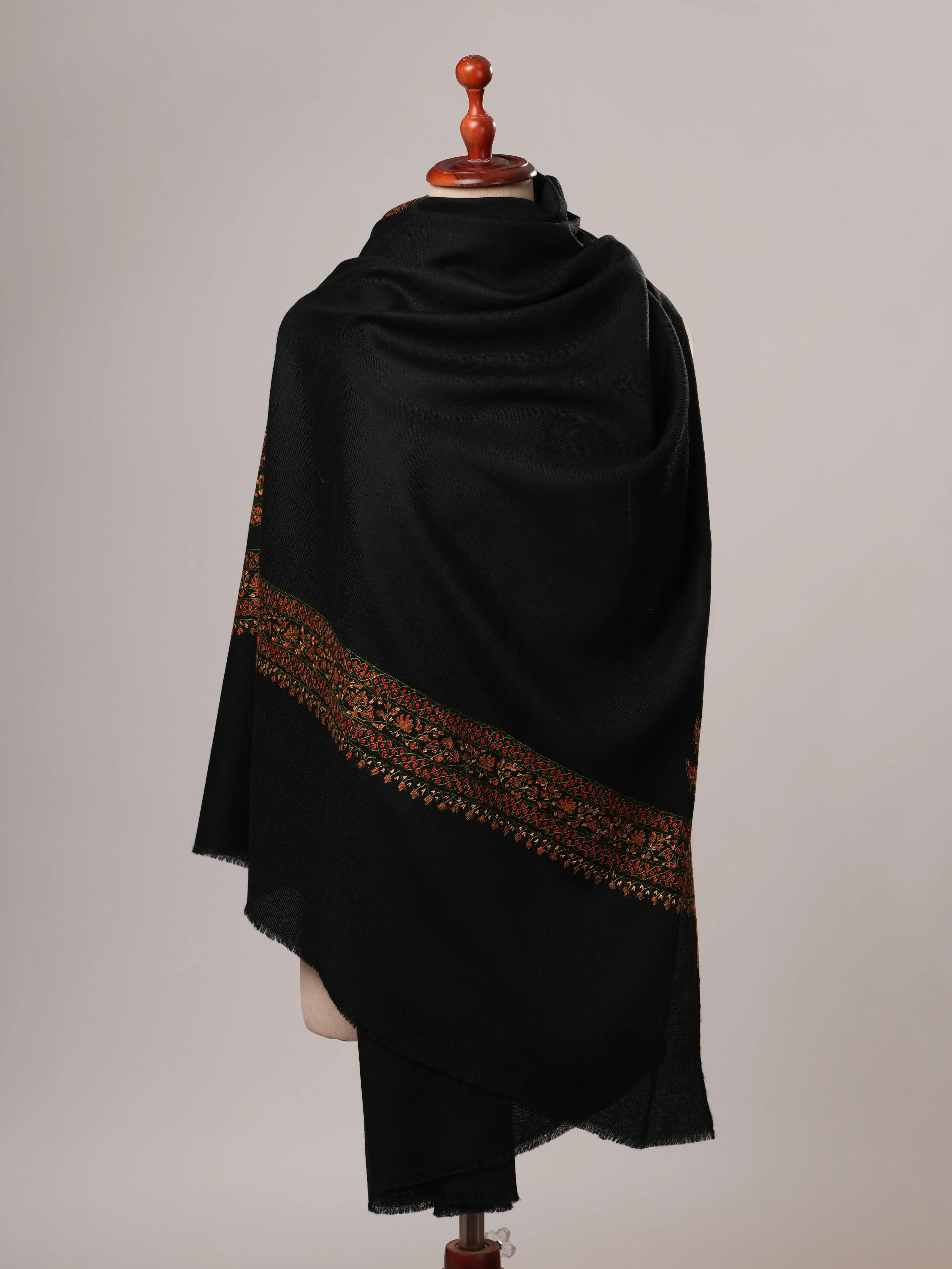 Black Daur Dar Hand Embroidered Fine Wool Shawl Shahkaar