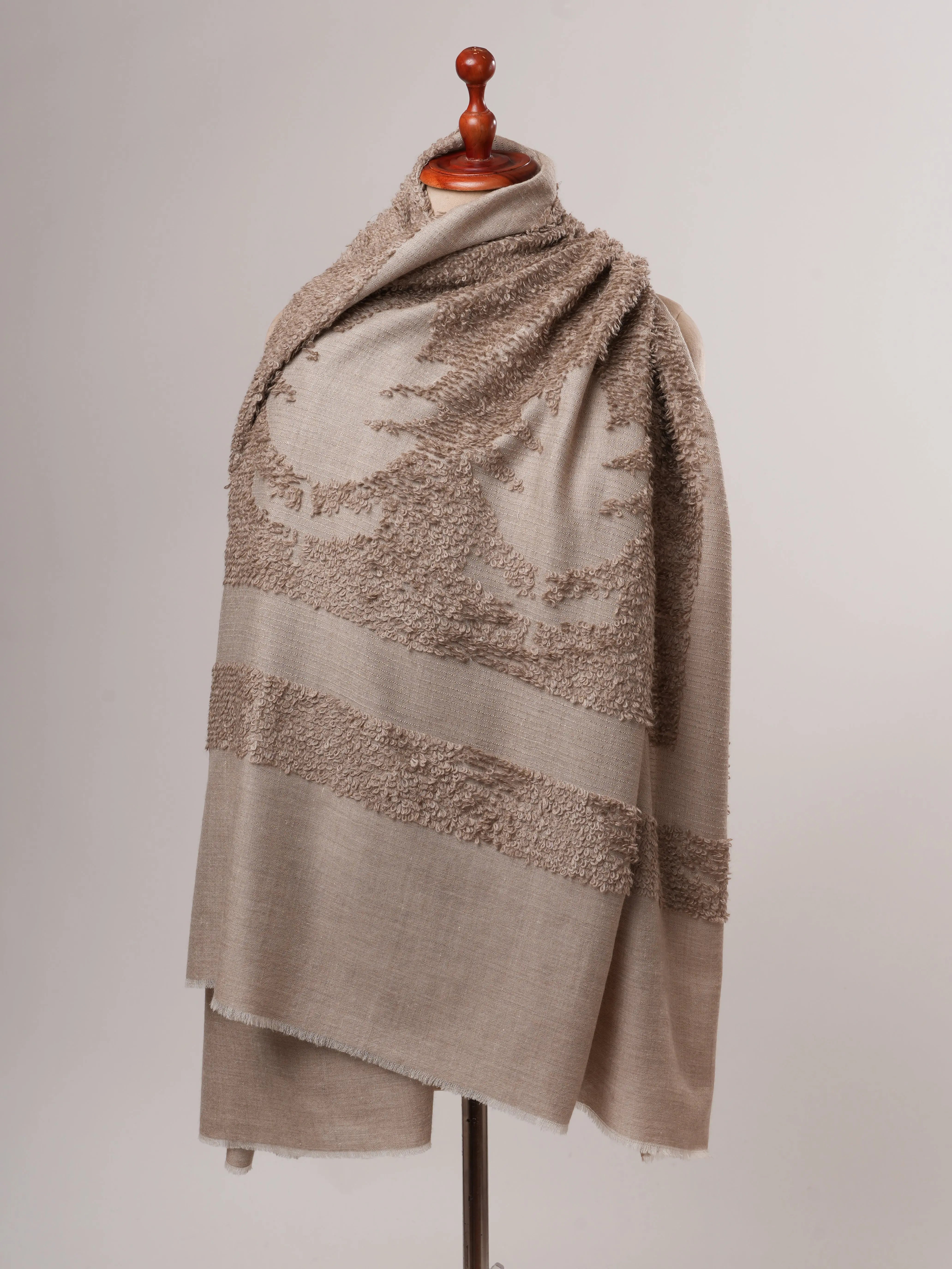 Natural Grey Handwoven Towel Weave Pashmina Shawl Shahkaar