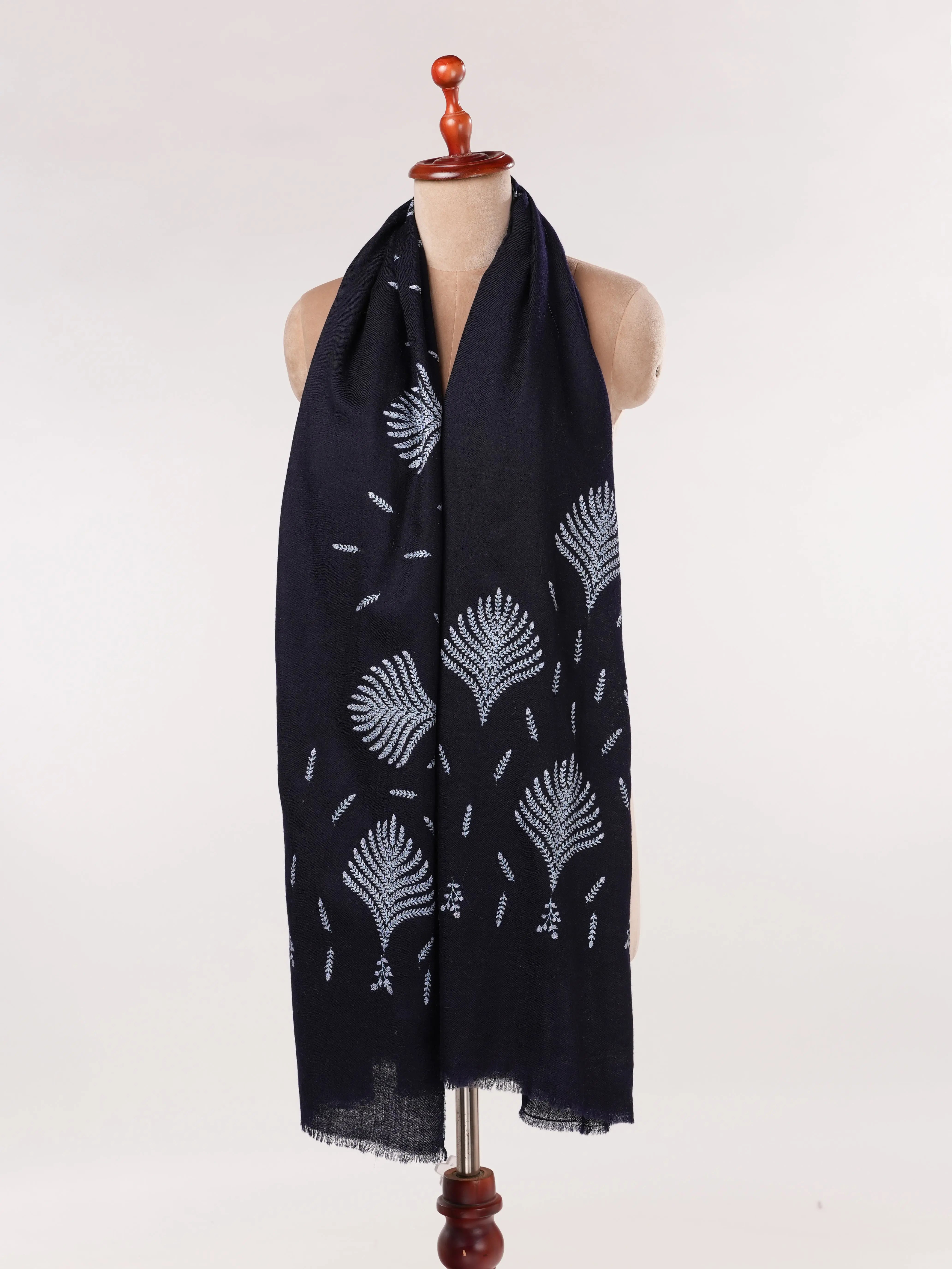 Hand Embroidered Dark Blue Kashmiri Handwoven Pashmina Shawl Shahkaar.com
