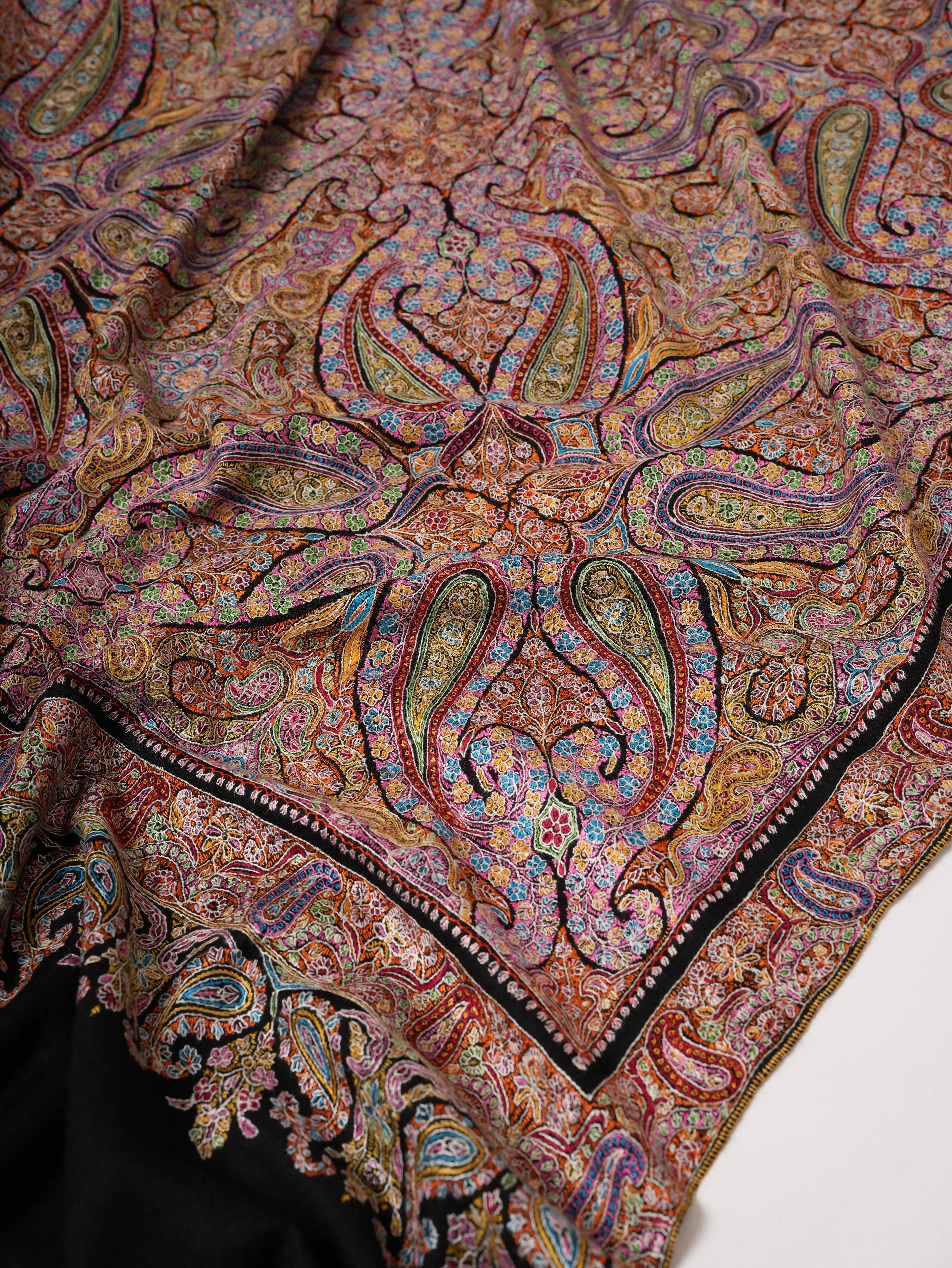 Handwoven Black Pashmina Shawl with Detailed Jamavar Embroidery Shahkaar
