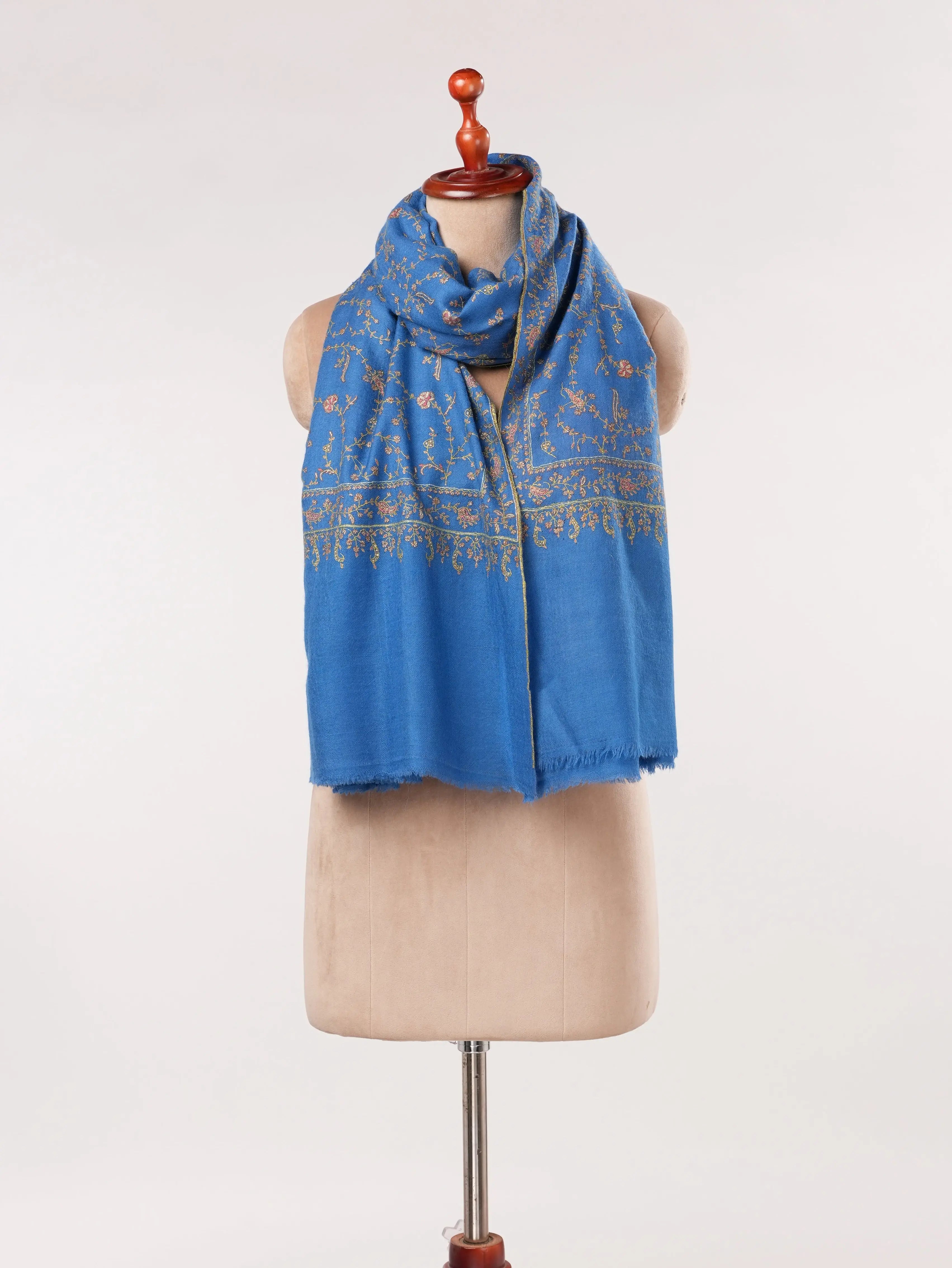 Rich Royal Blue Handwoven Pashmina Shawl with Jali Embroidery Shahkaar.com