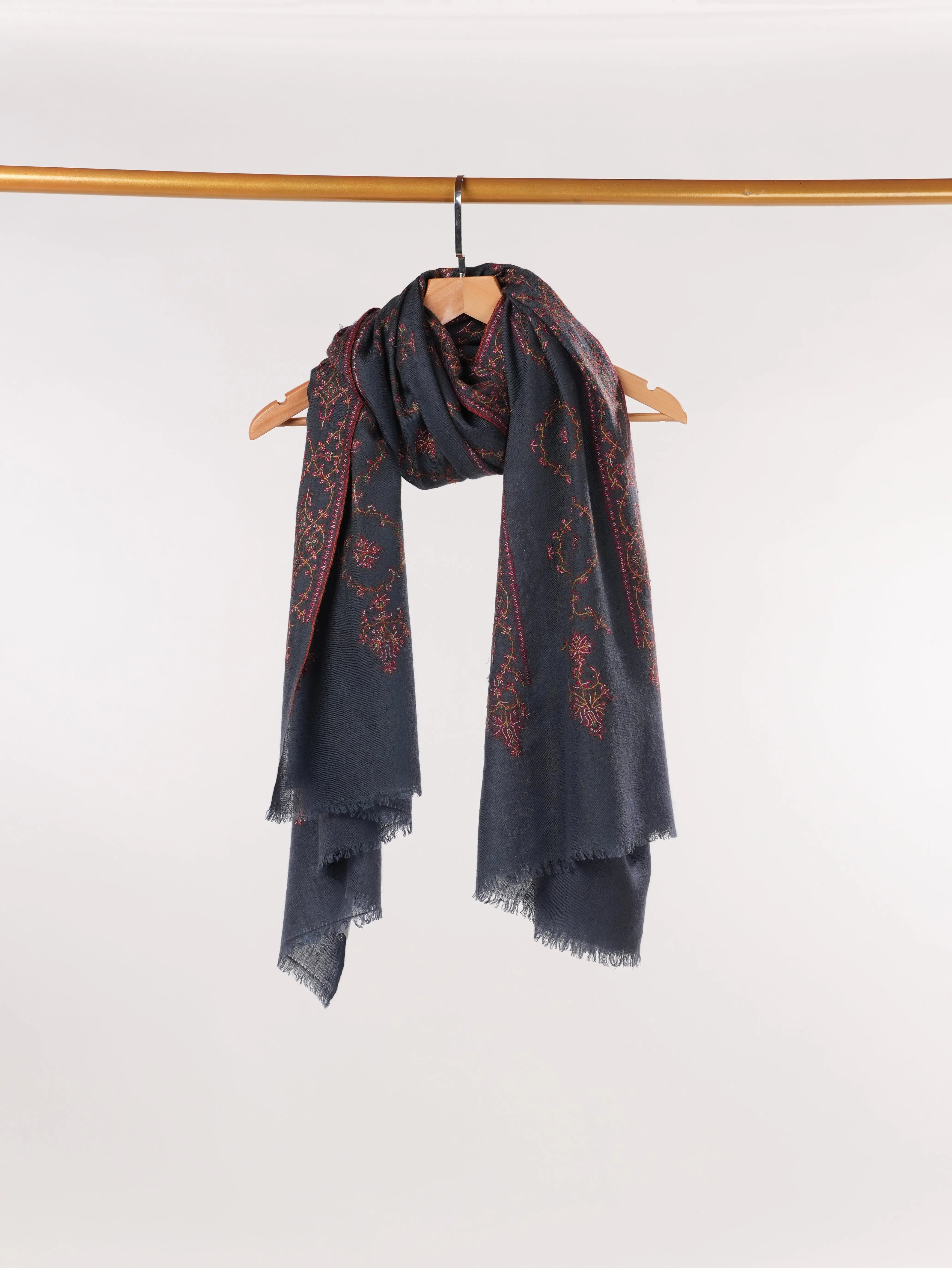 Dark Grey Handwoven Pashmina Shawl with Jali Sozni Hand Embroidery Shahkaar.com