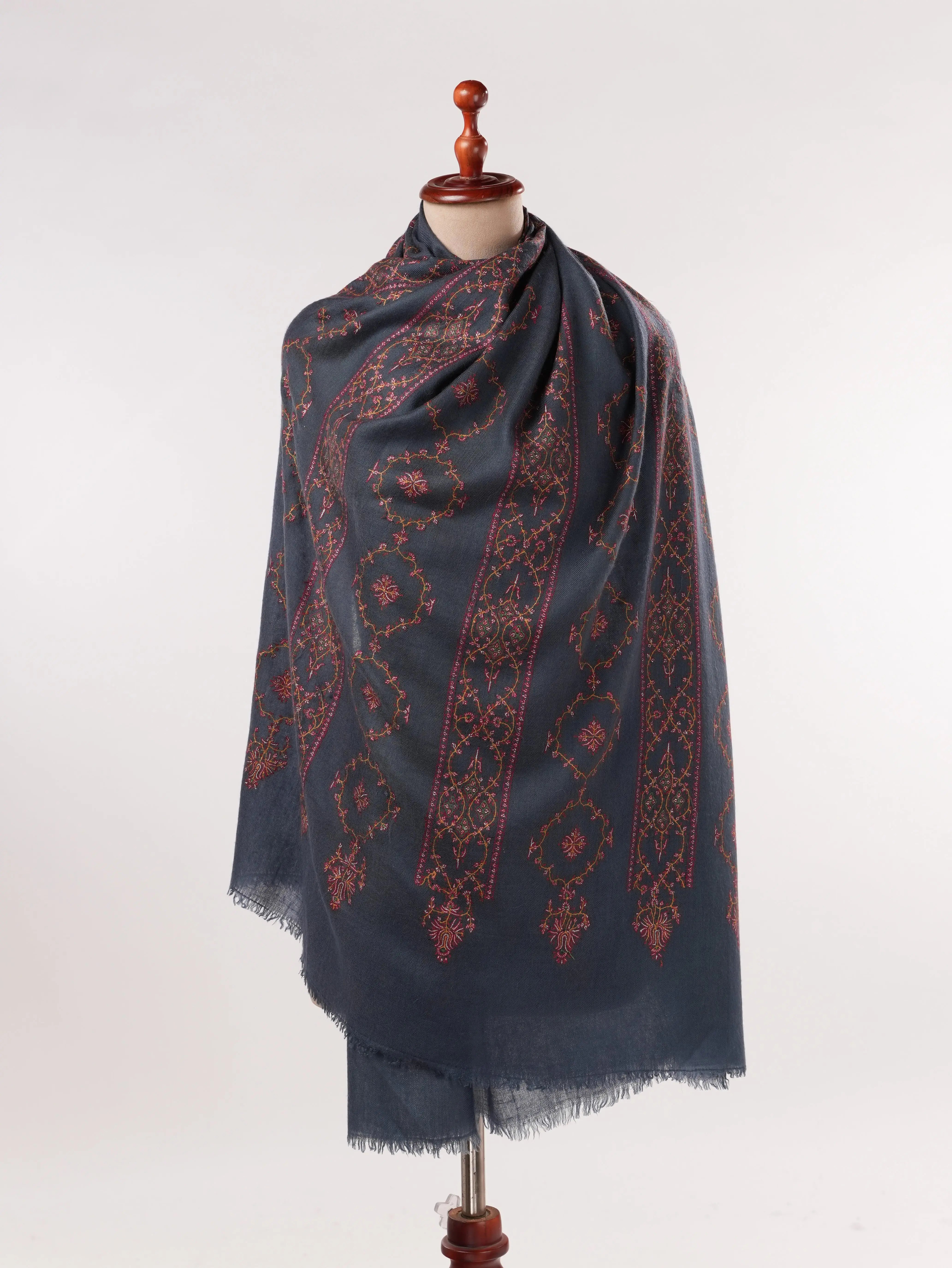 Dark Grey Handwoven Pashmina Shawl with Jali Sozni Hand Embroidery Shahkaar.com
