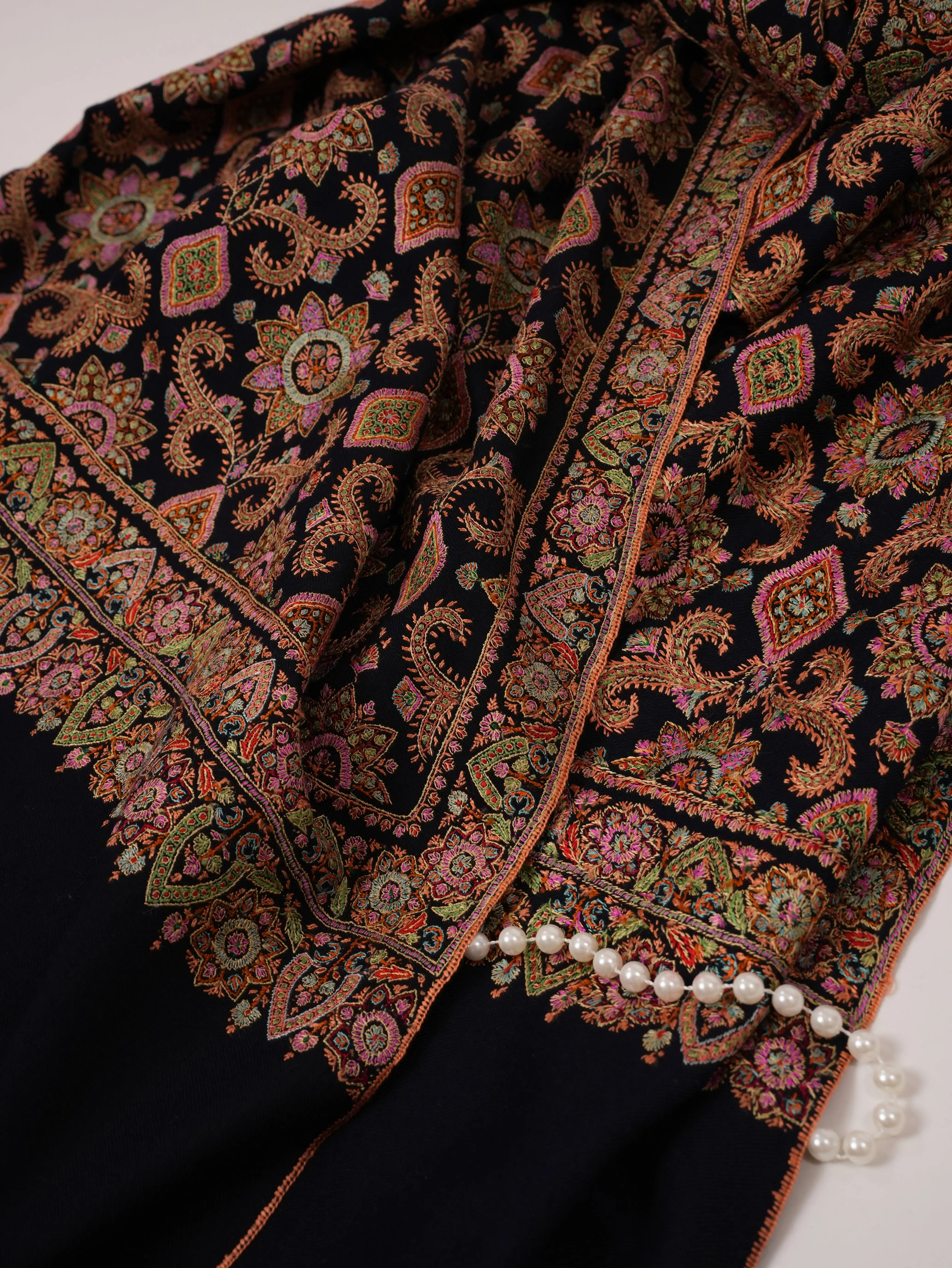 Dark Navy Blue Silk Hand Embroidered Pure Pashmina Jamavar Shawl Shahkaar.com