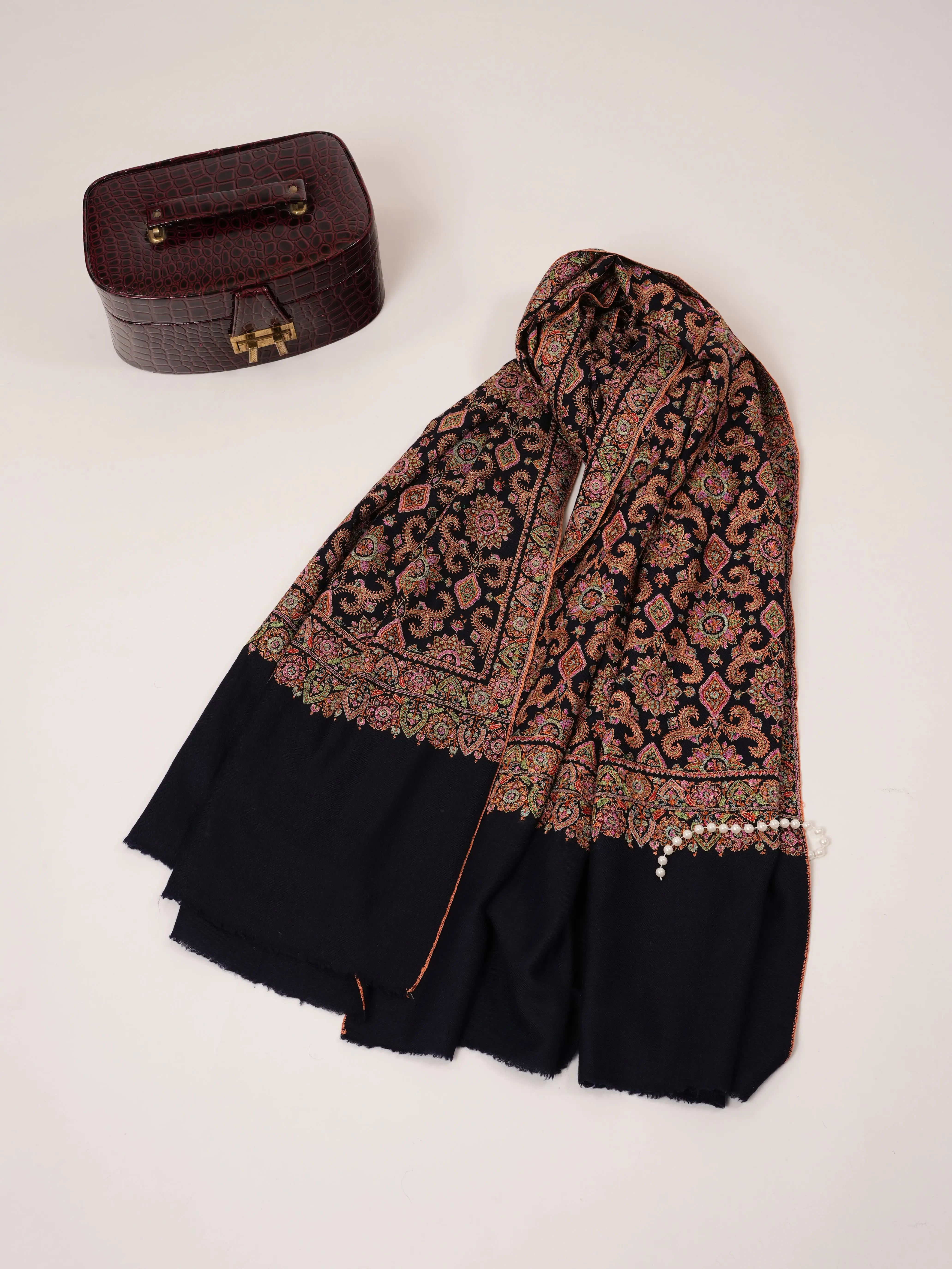Dark Navy Blue Silk Hand Embroidered Pure Pashmina Jamavar Shawl Shahkaar.com