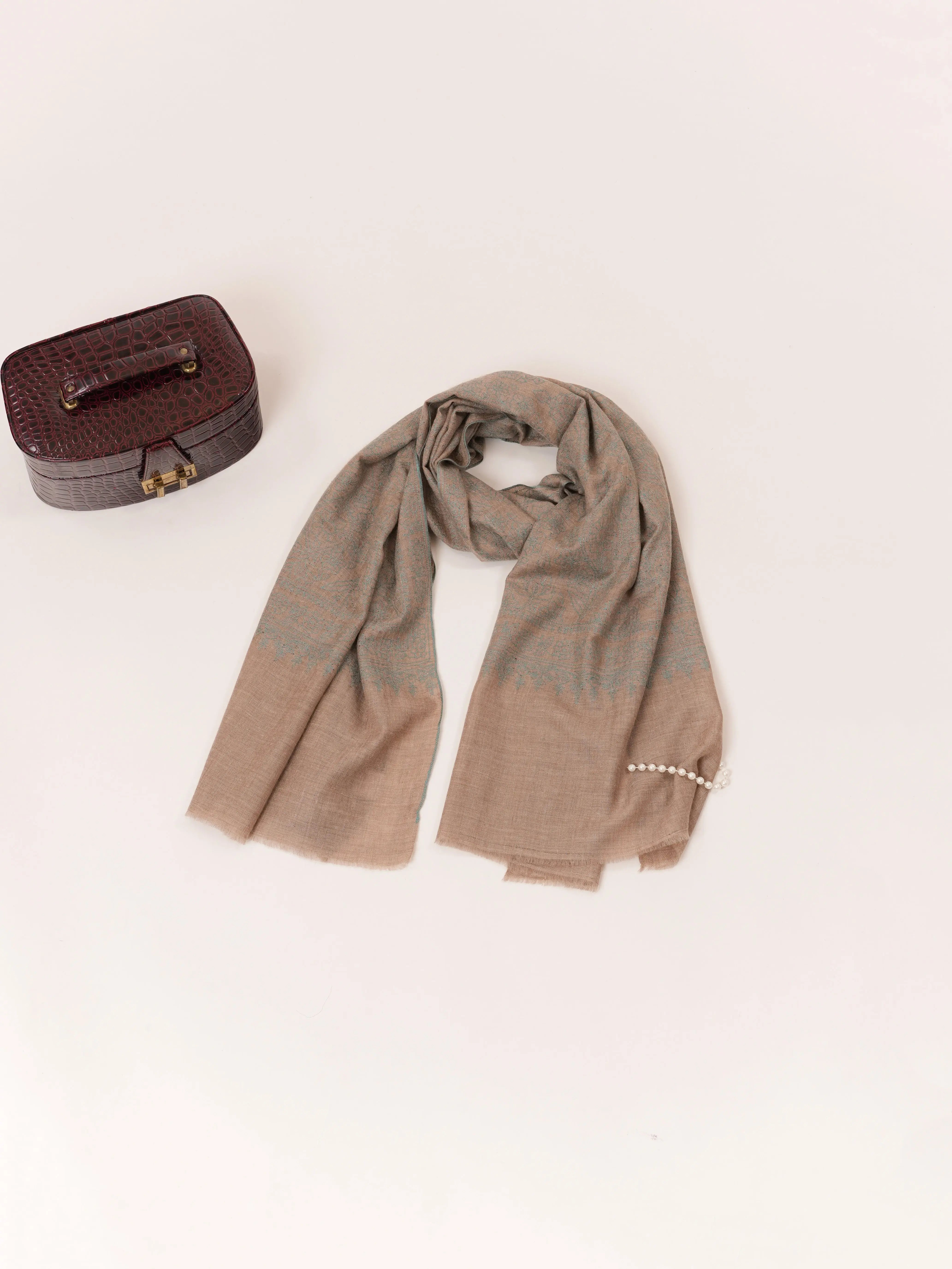 Natural Taupe Kashmiri Cashmere Handwoven Scarf with Jali Hand Sozni Embroidery Shahkaar.com