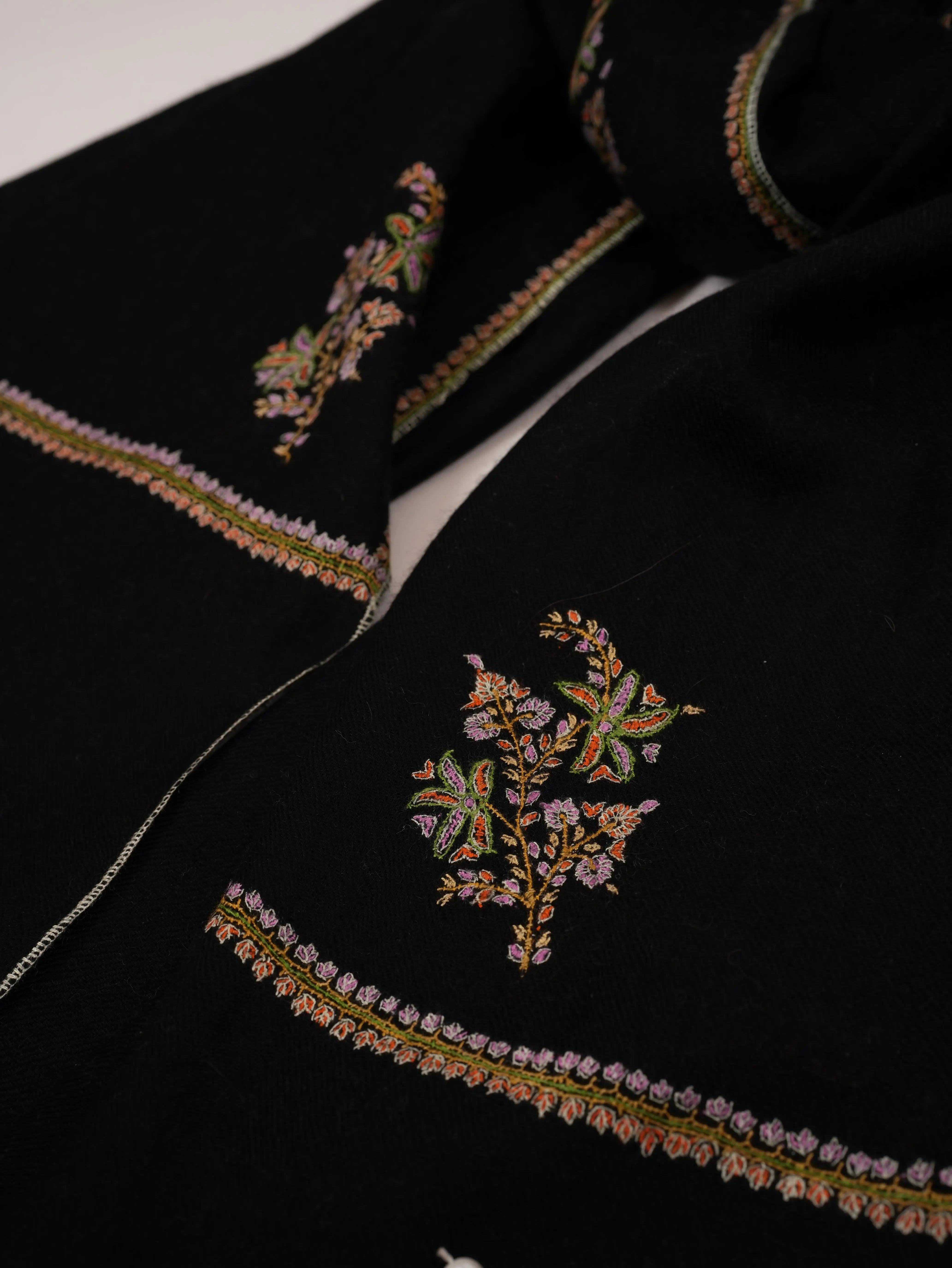 Black Featherlight Handwoven Cashmere Scarf with Hand Embroidery Shahkaar.com