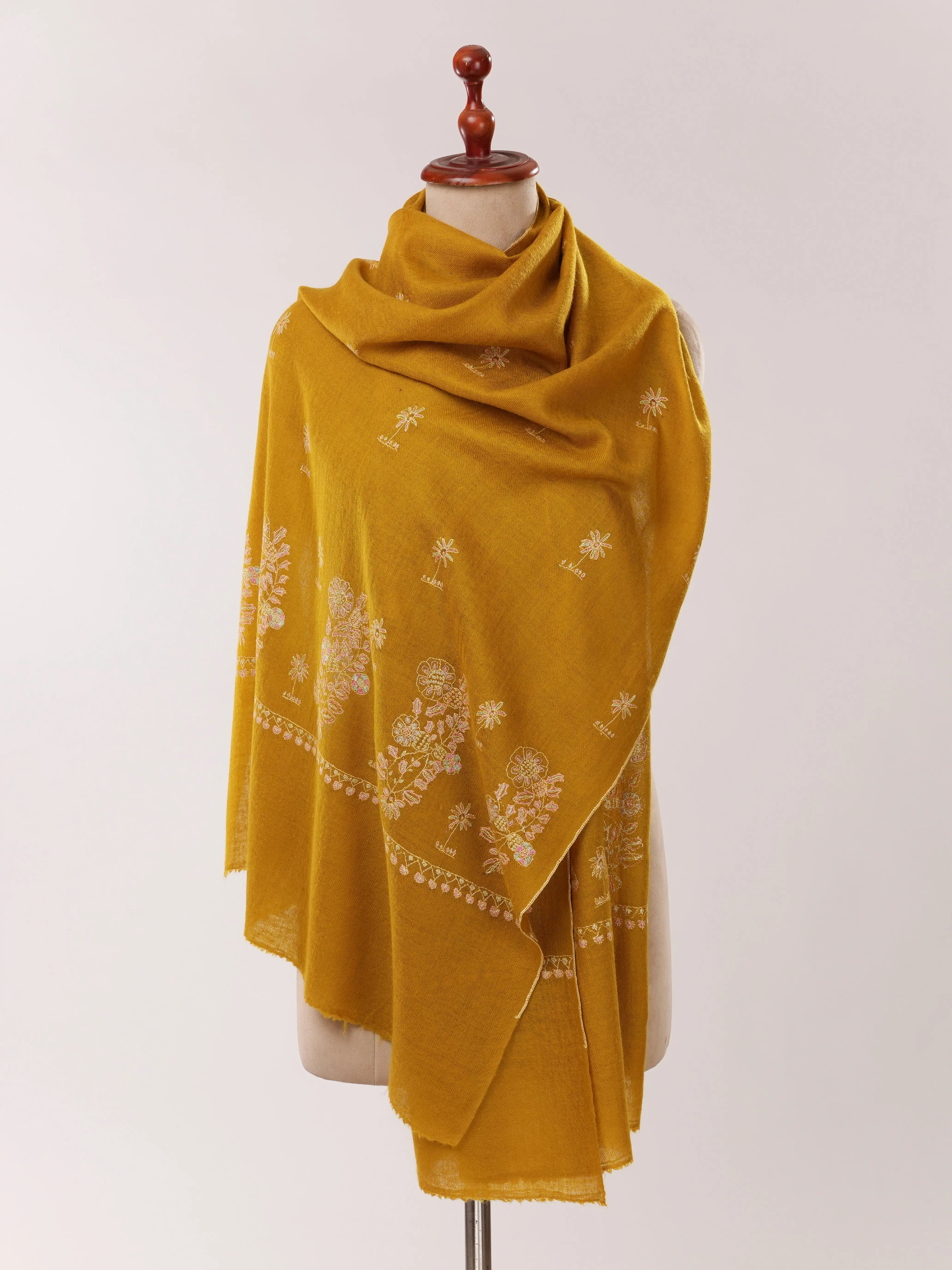 Mustard Cashmere Scarf with Detailed Hand Embroidery Shahkaar.com
