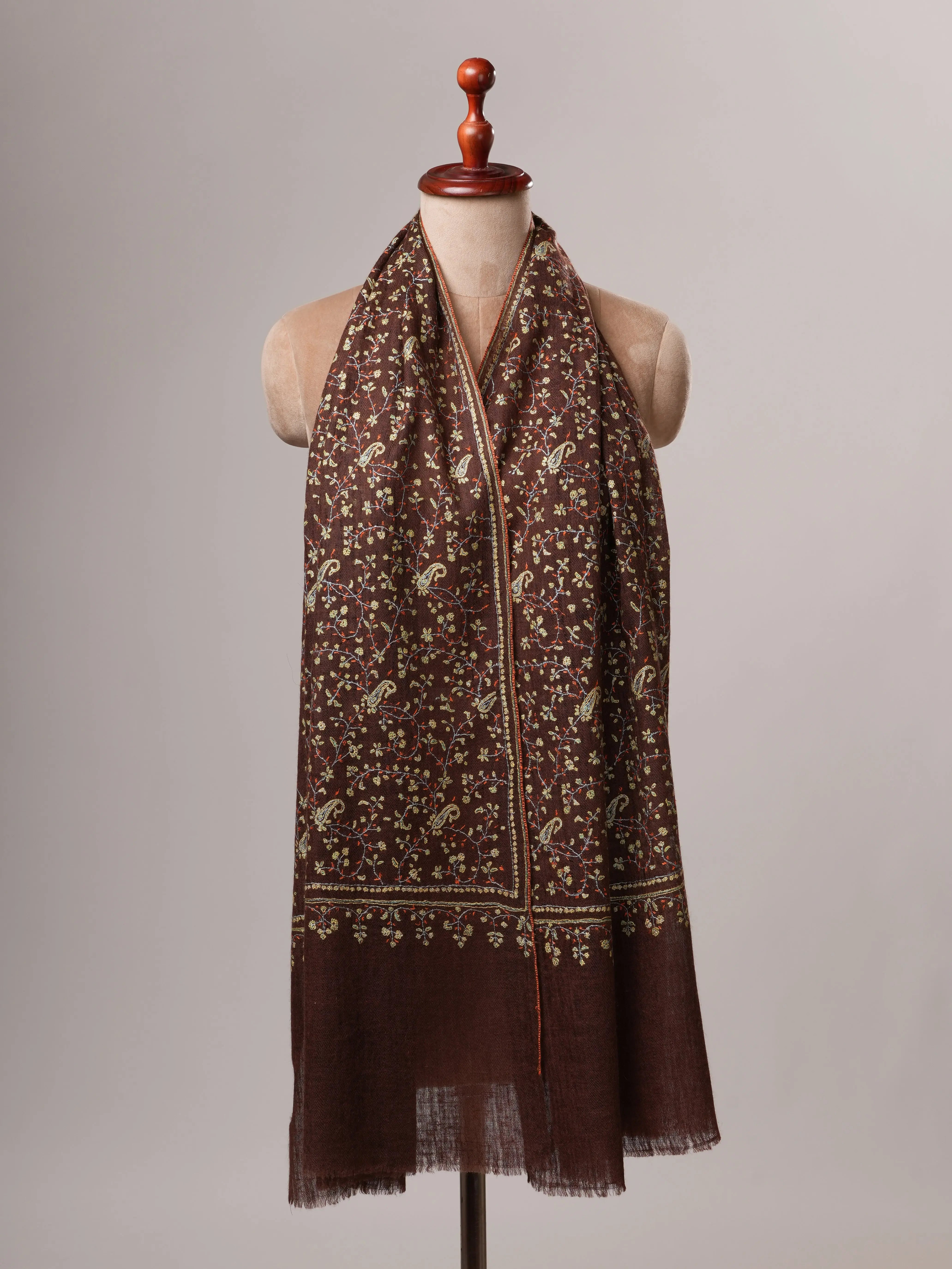 Featherlight Handwoven Brown Cashmere Scarf with All Over Hand Embroidery Shahkaar