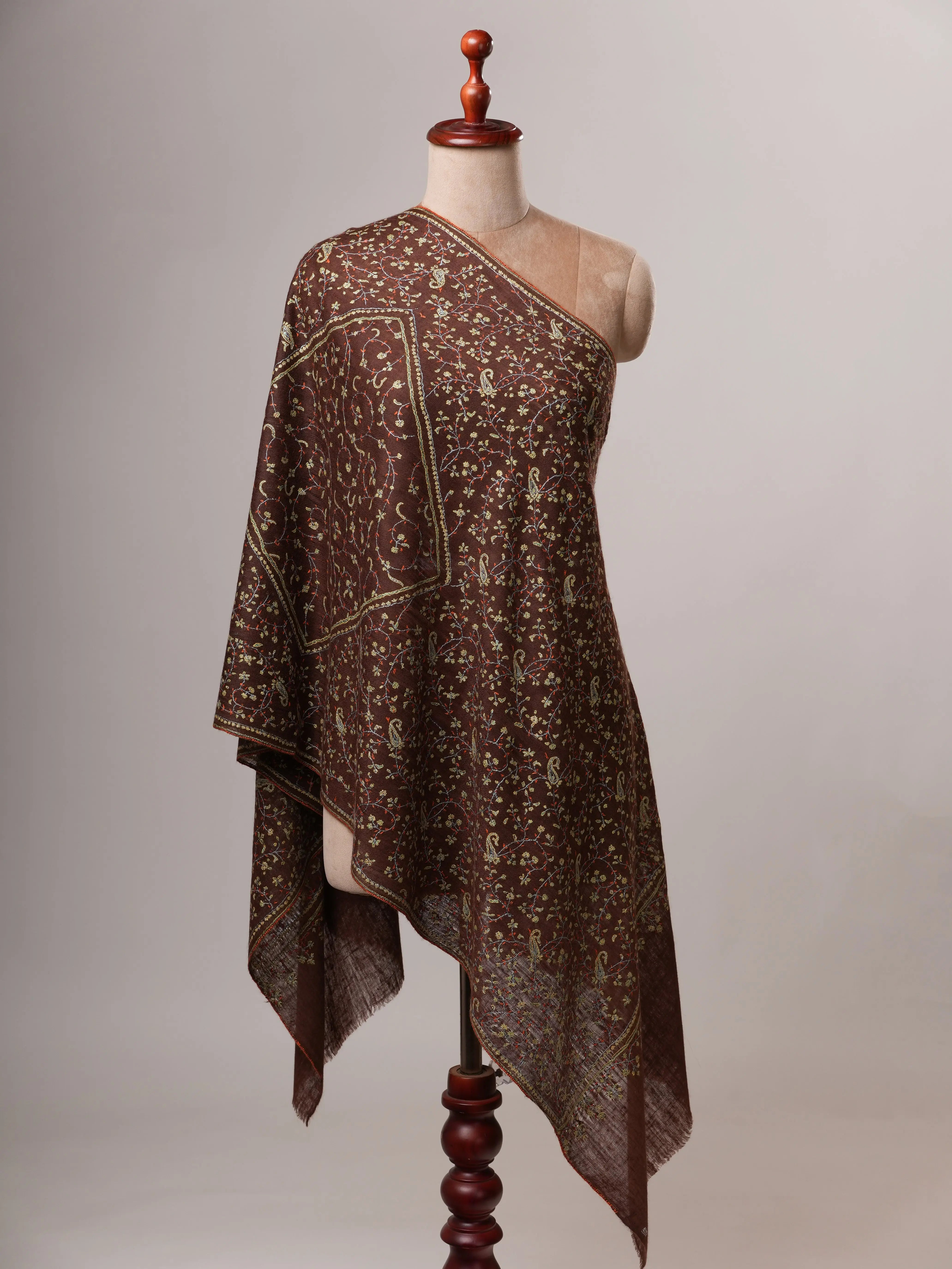Featherlight Handwoven Brown Cashmere Scarf with All Over Hand Embroidery Shahkaar