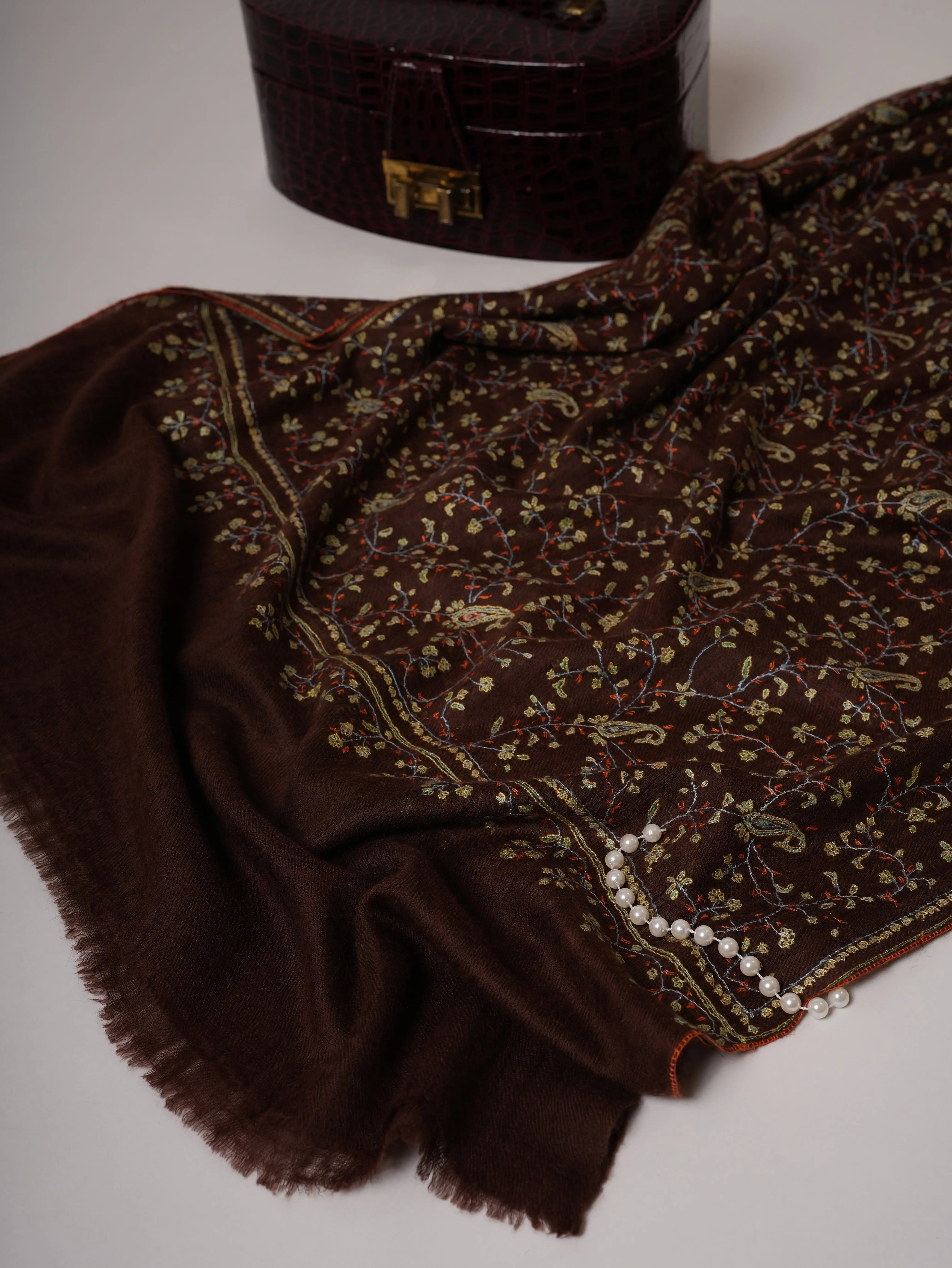 Featherlight Handwoven Brown Cashmere Scarf with All Over Hand Embroidery Shahkaar