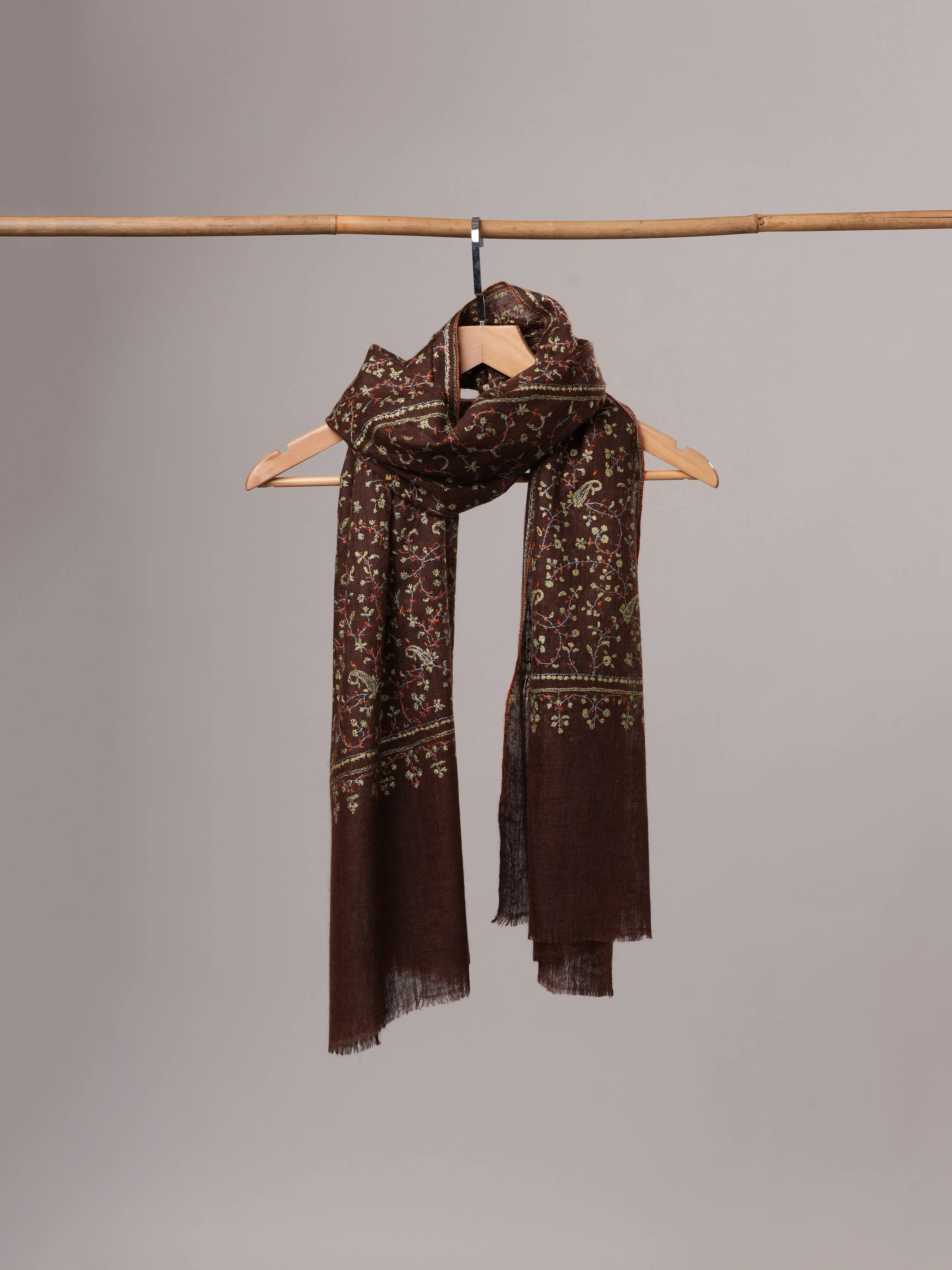 Featherlight Handwoven Brown Cashmere Scarf with All Over Hand Embroidery Shahkaar