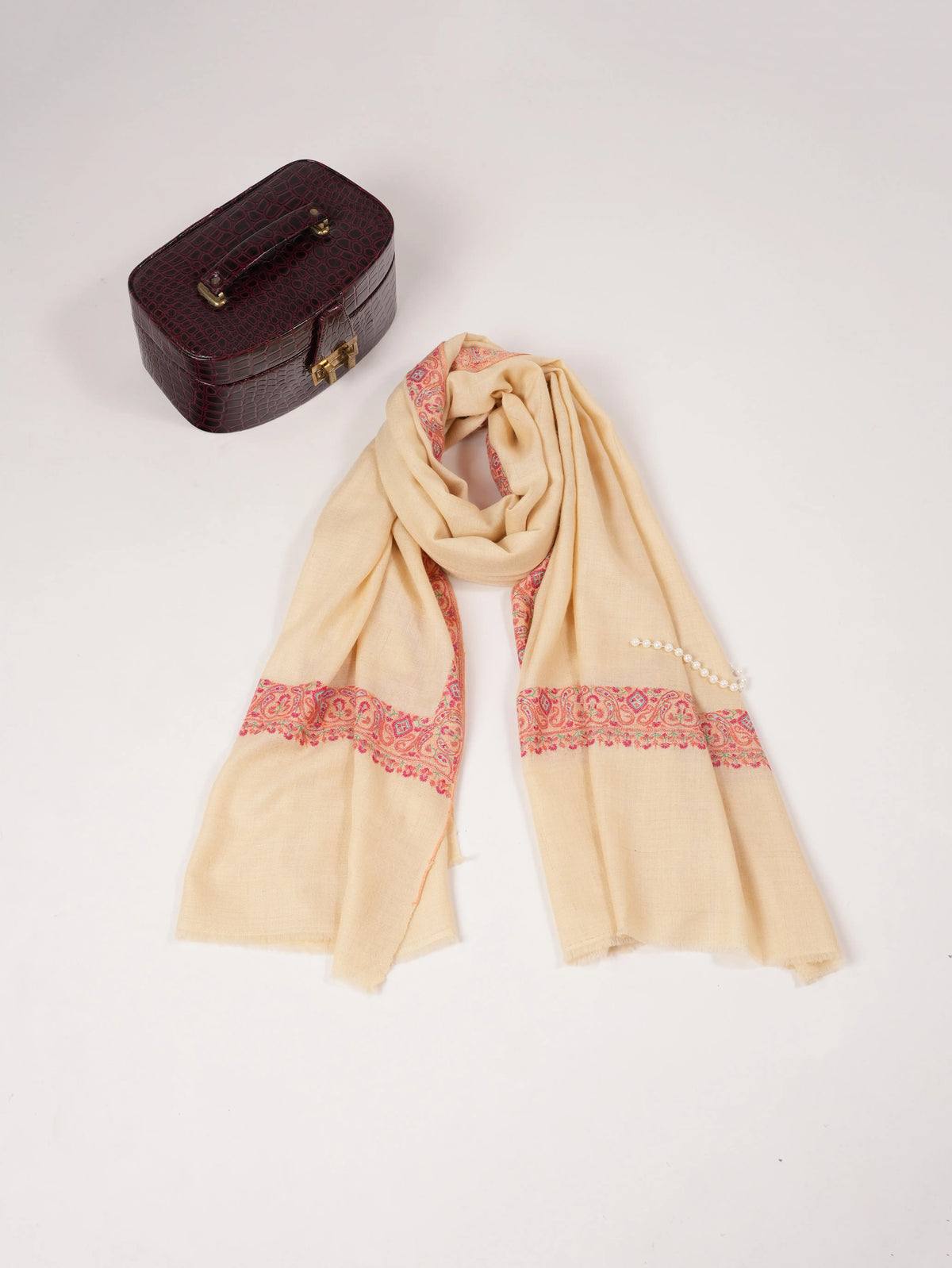 Off White Kashmiri Original Pashmina Shawl with Neemdaur Sozni Embroidery Shahkaar.com