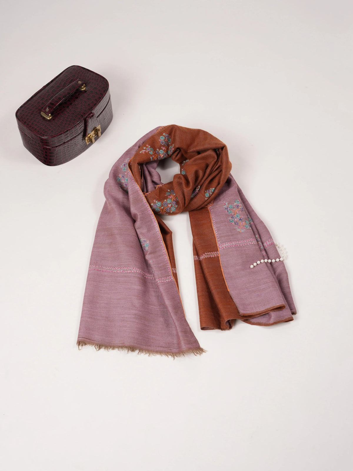 Dualtone Handwoven Soft Pashmina Shawl with Buteh Hand Sozni Embroidery Shahkaar.com