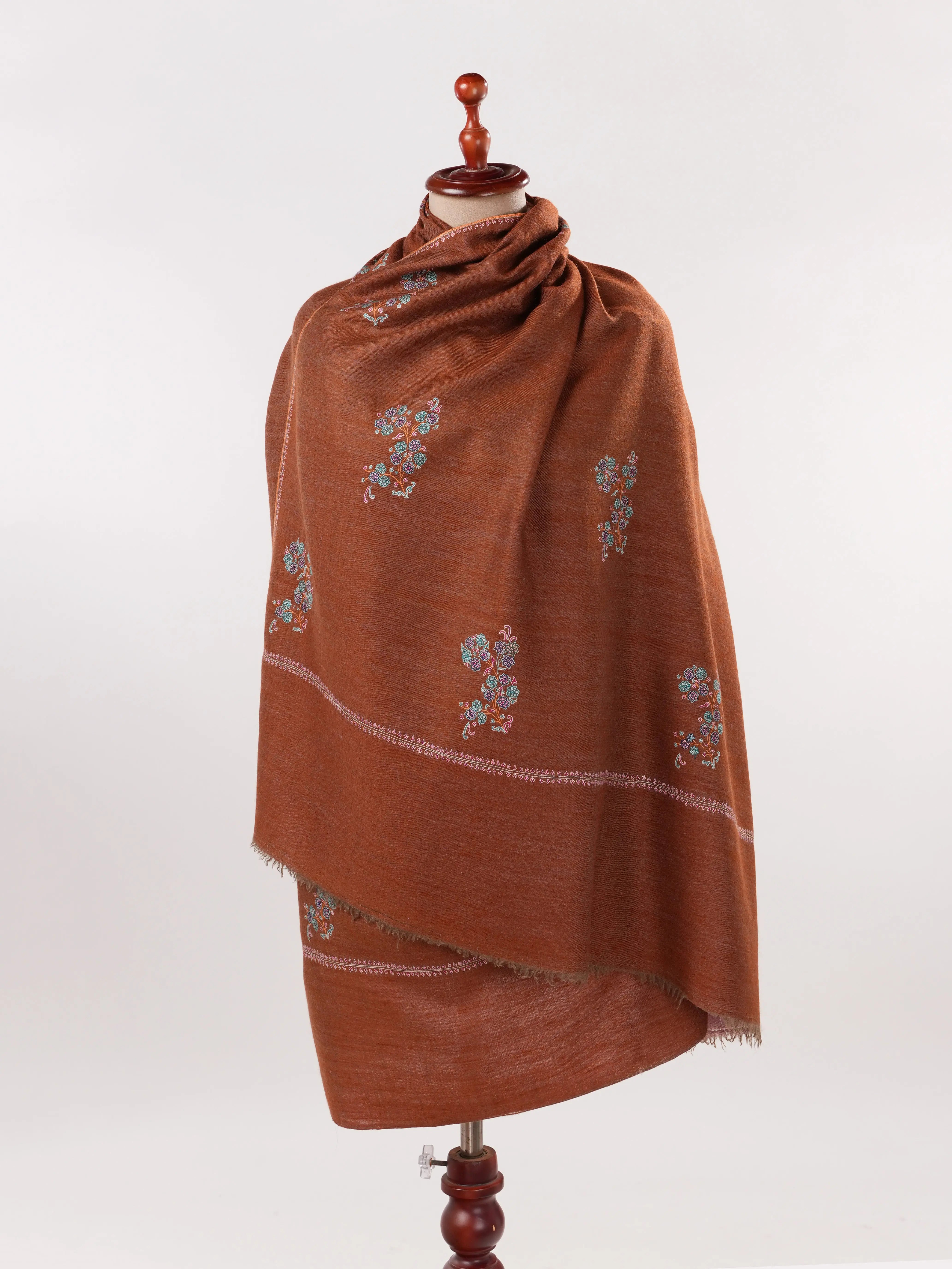 Dualtone Handwoven Soft Pashmina Shawl with Buteh Hand Sozni Embroidery Shahkaar.com