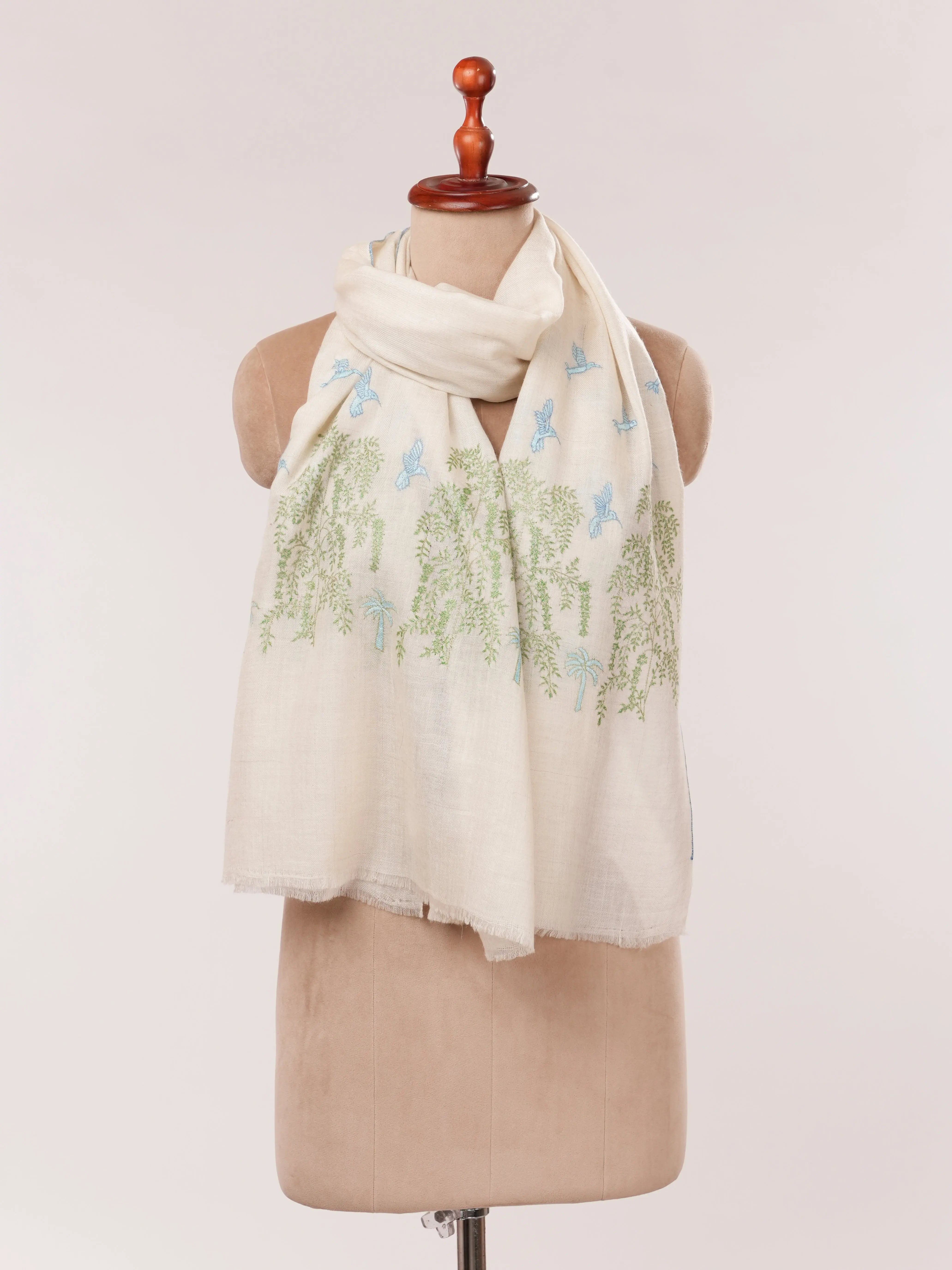 Handwoven Off White Cashmere Scarf with Minimalist Hand Embroidery Shahkaar.com