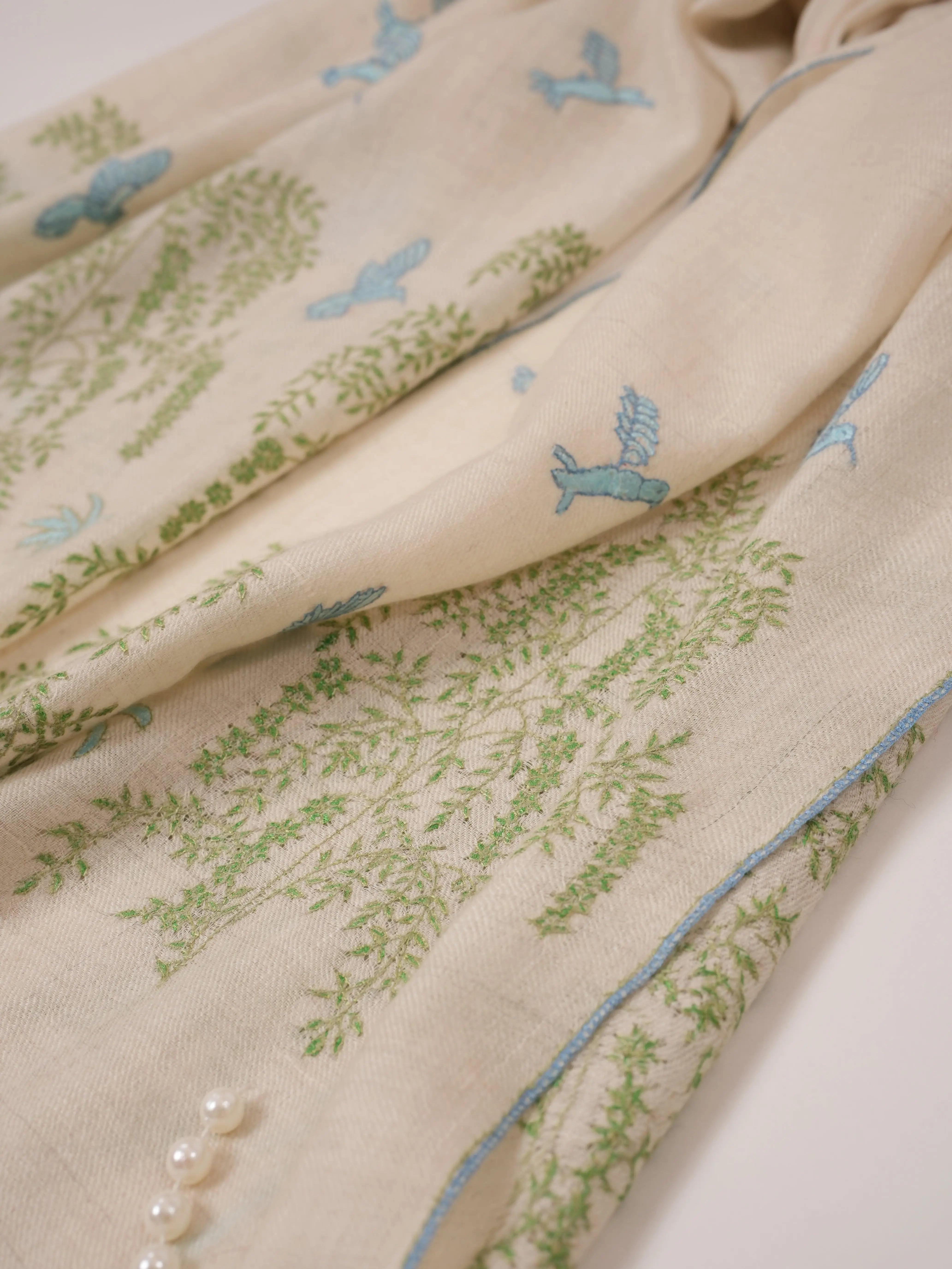 Handwoven Off White Cashmere Scarf with Minimalist Hand Embroidery Shahkaar.com