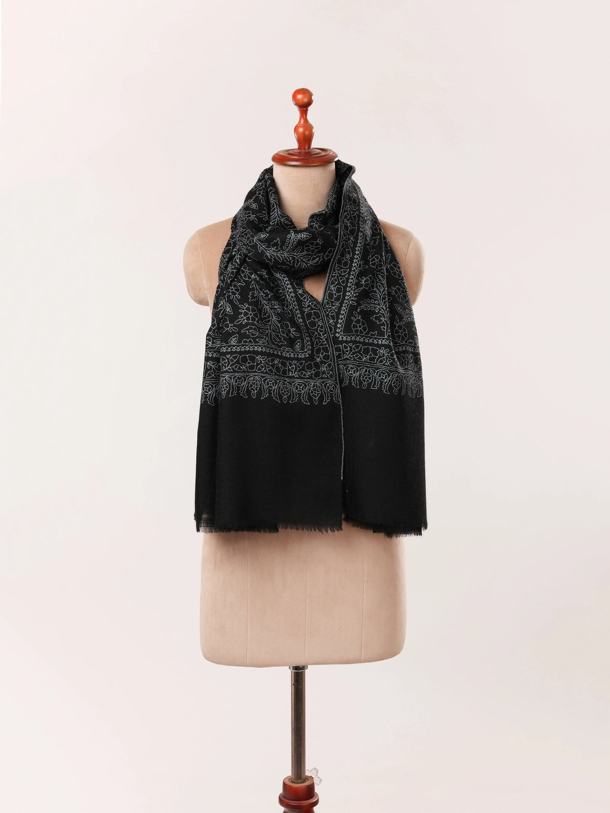 Kashmiri Black Scarf in Cashmere with Jali Sozni Embroidery Shahkaar.com