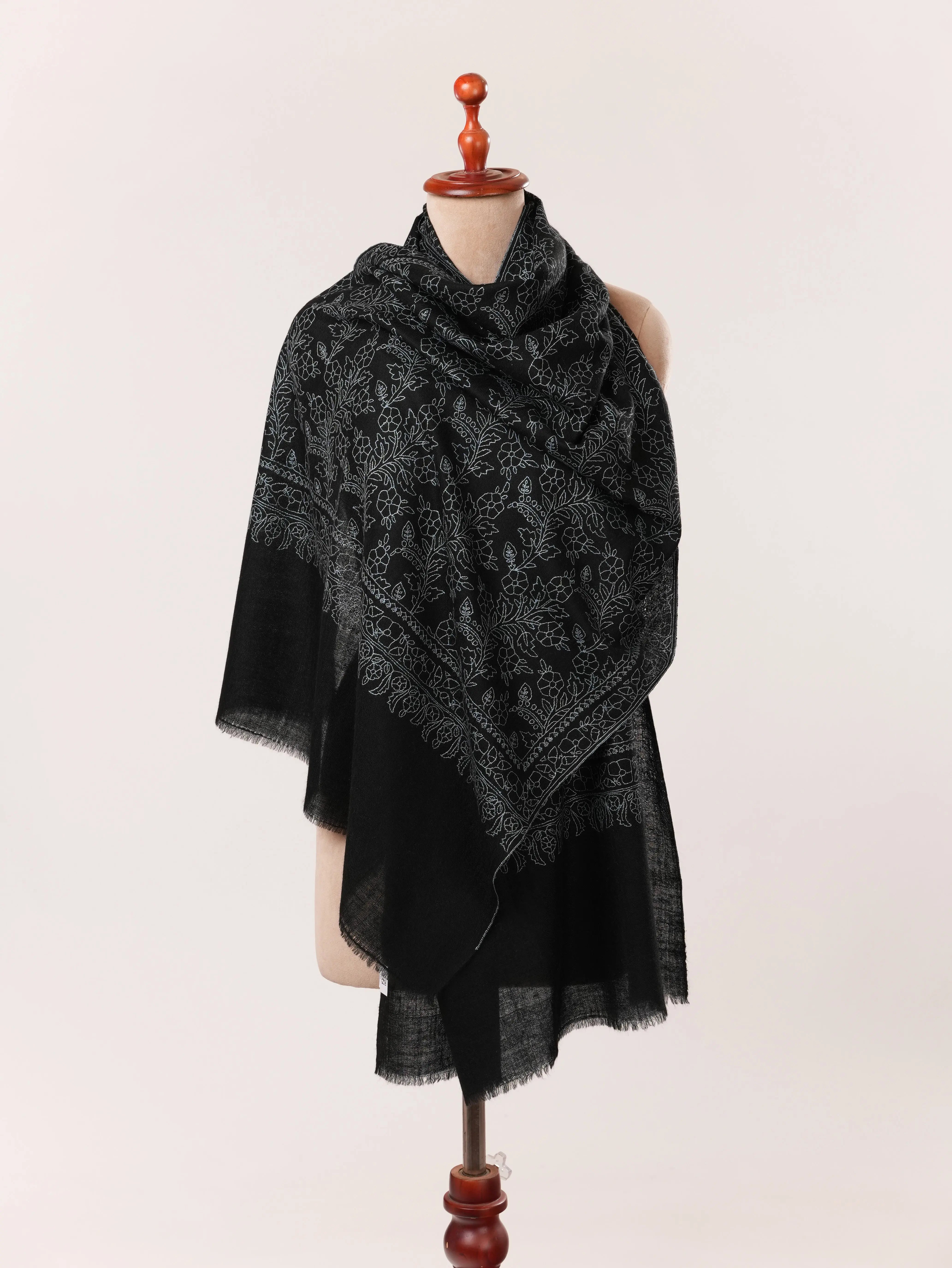 Kashmiri Black Scarf in Cashmere with Jali Sozni Embroidery Shahkaar.com