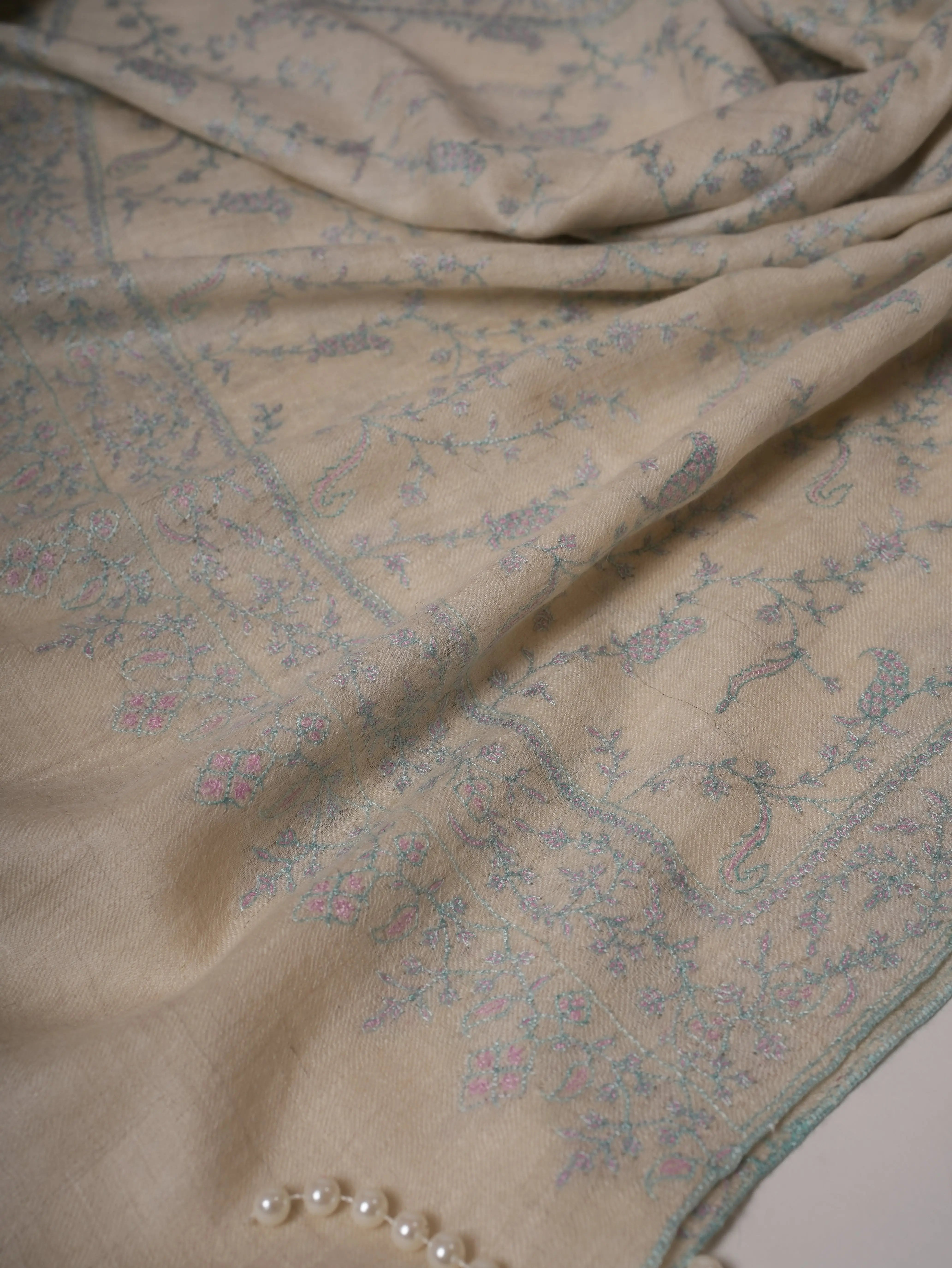 Handwoven White Baby Soft Cashmere Scarf with Pastel Hand Embroidery Shahkaar