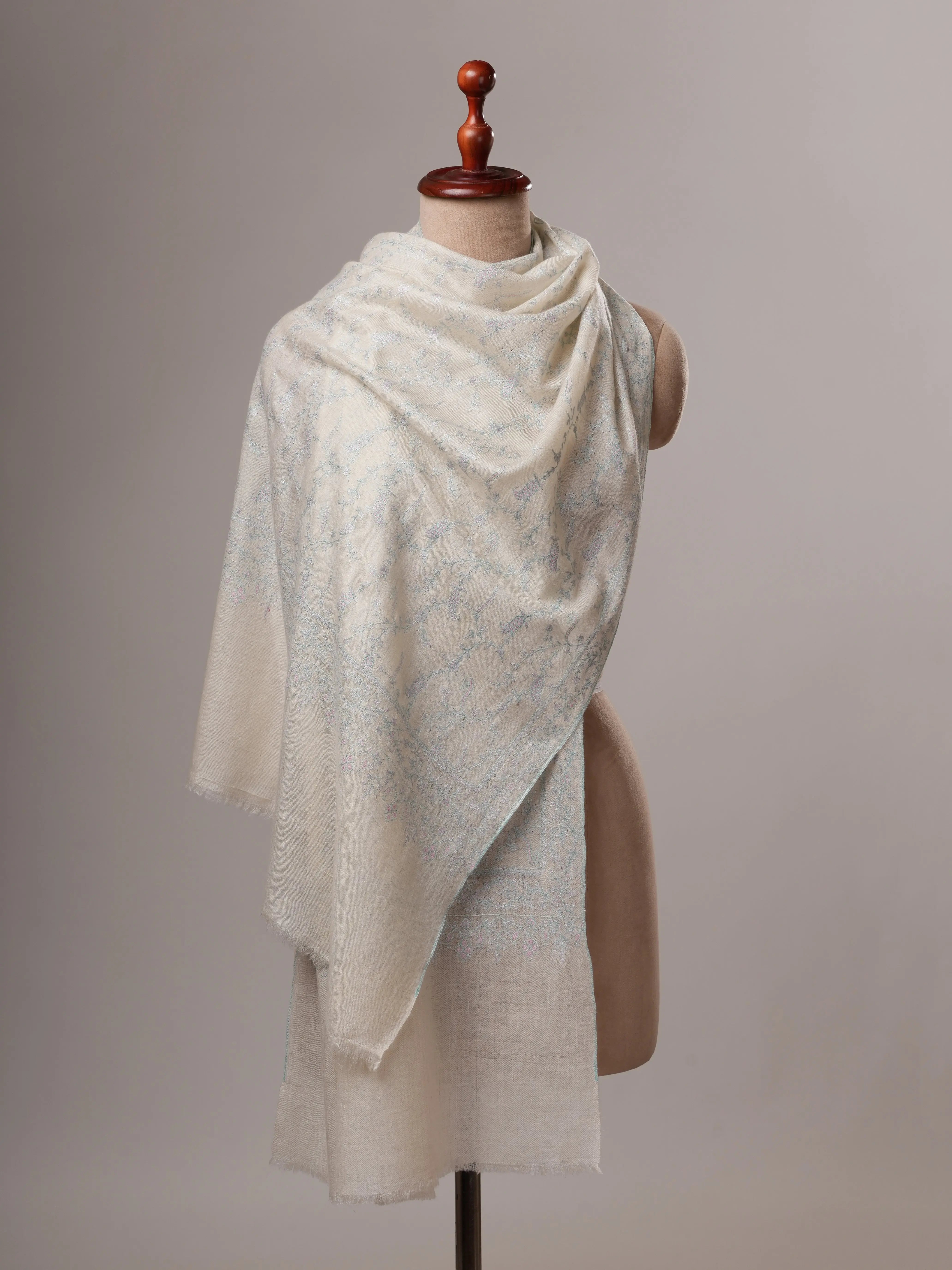 Handwoven White Baby Soft Cashmere Scarf with Pastel Hand Embroidery Shahkaar