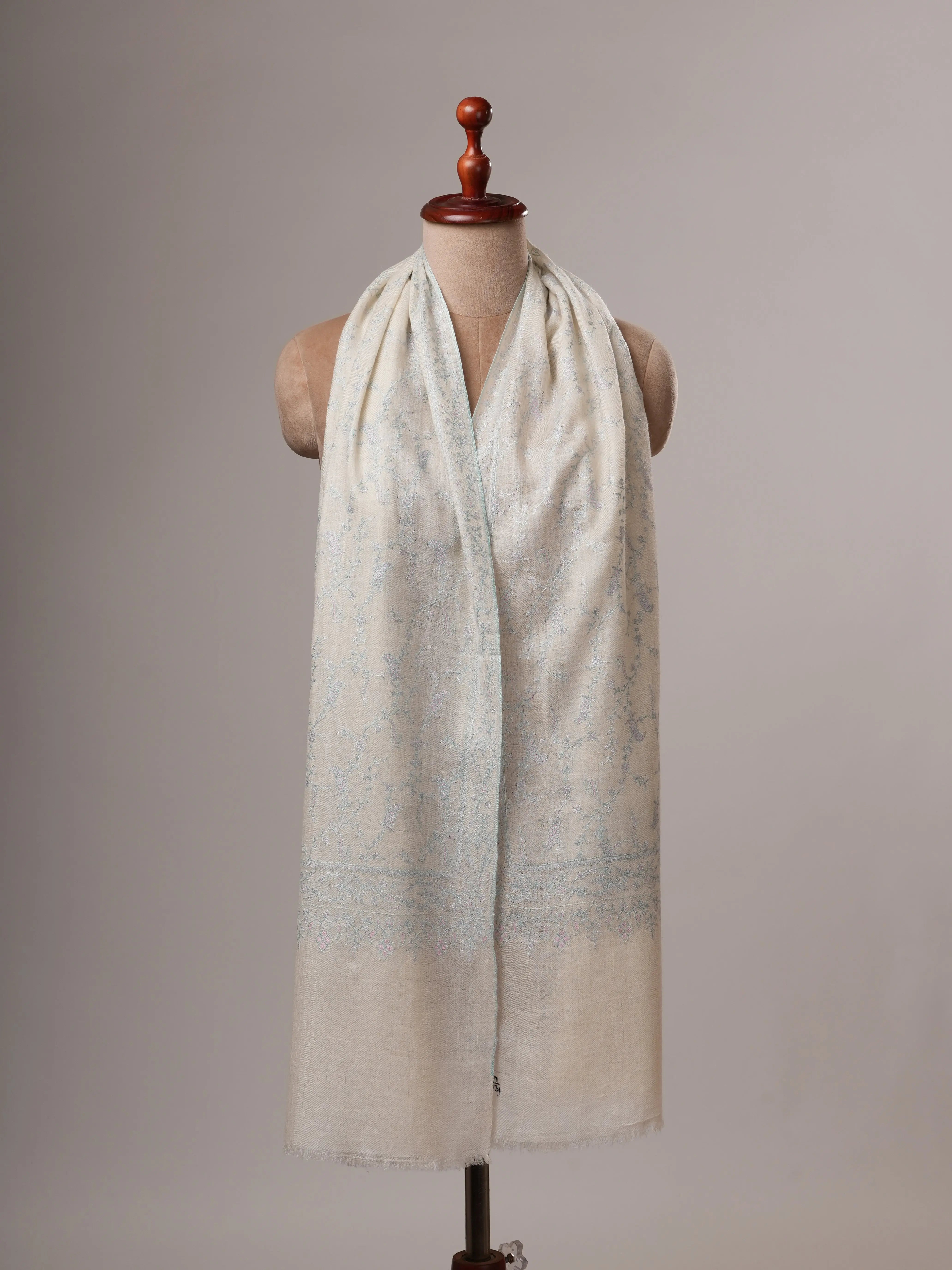 Handwoven White Baby Soft Cashmere Scarf with Pastel Hand Embroidery Shahkaar