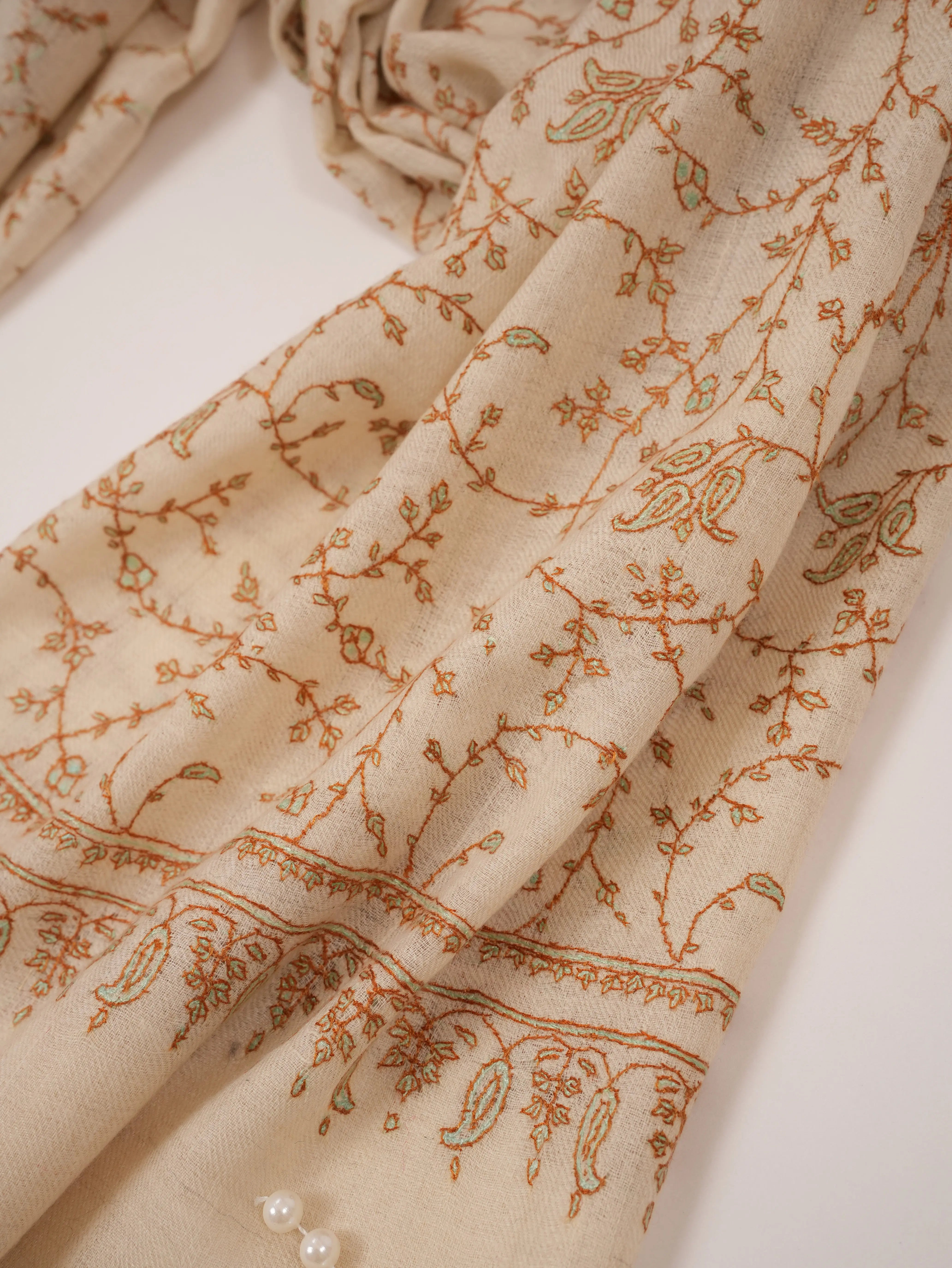 Natural White Scarf in Handwoven Baby Soft Cashmere with Jali hand Sozni Embroidery Shahkaar.com