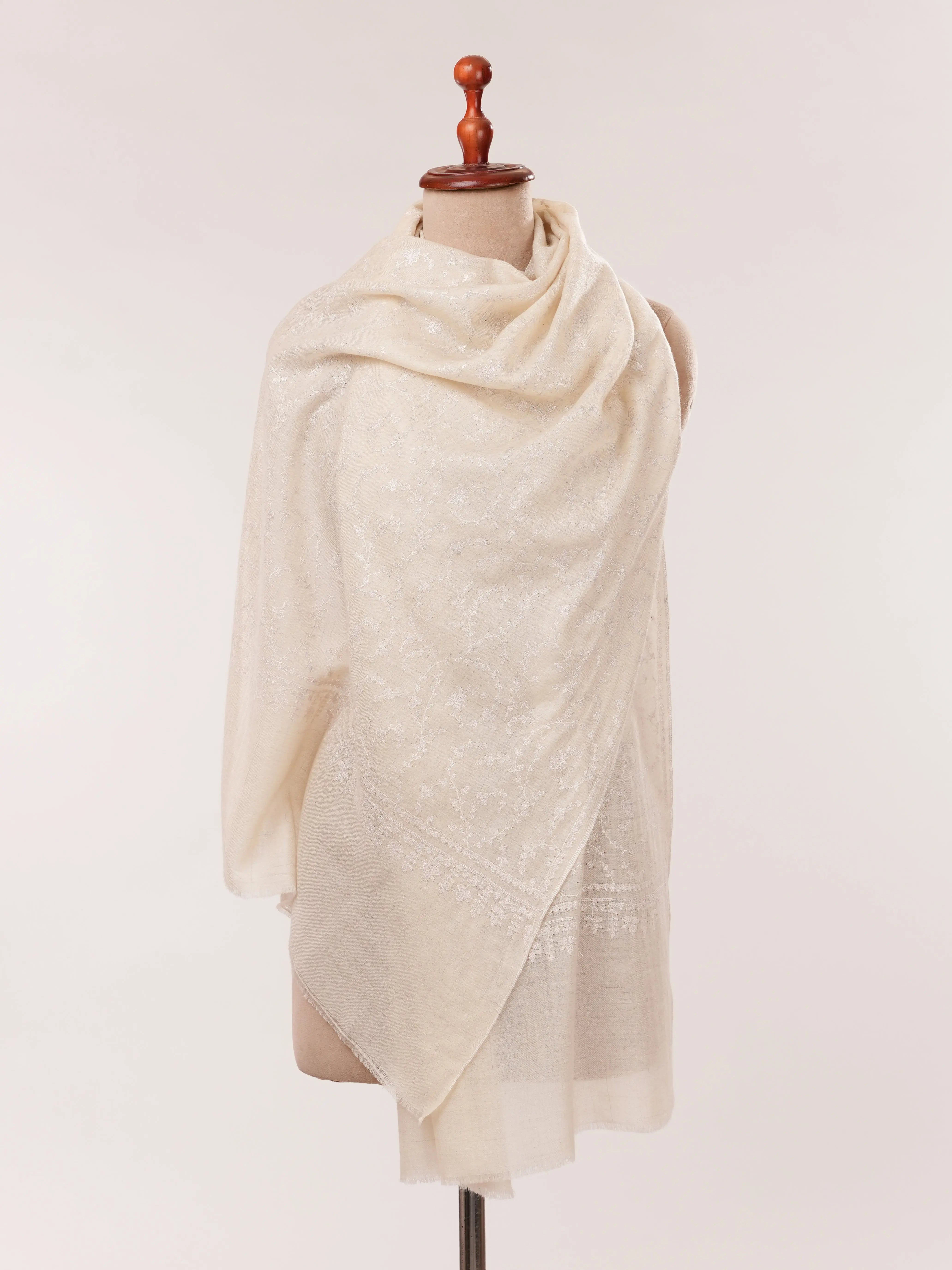 Natural Off White Handwoven Cashmere Scarf with White Hand Embroidery Shahkaar.com