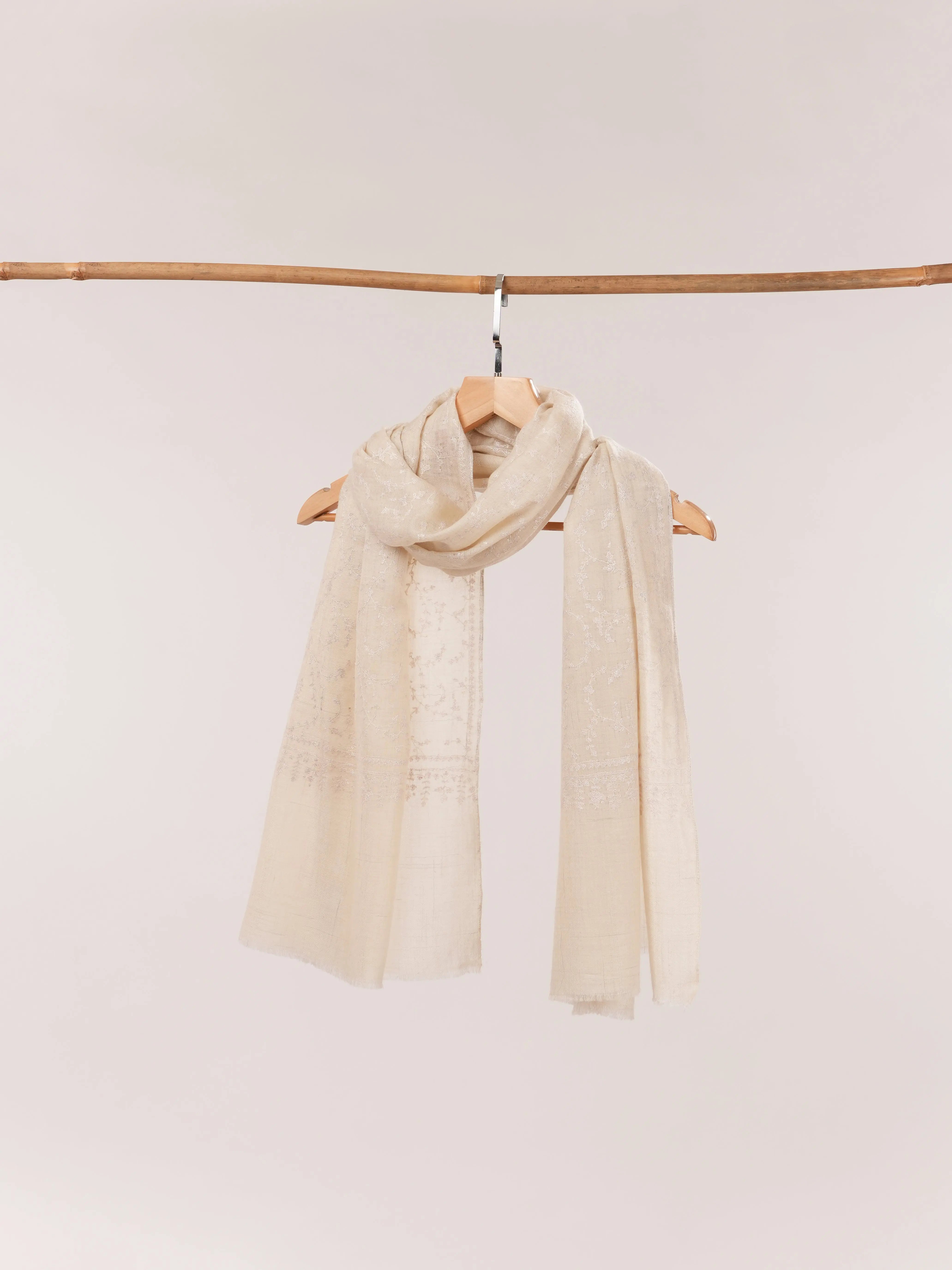 Natural Off White Handwoven Cashmere Scarf with White Hand Embroidery Shahkaar.com