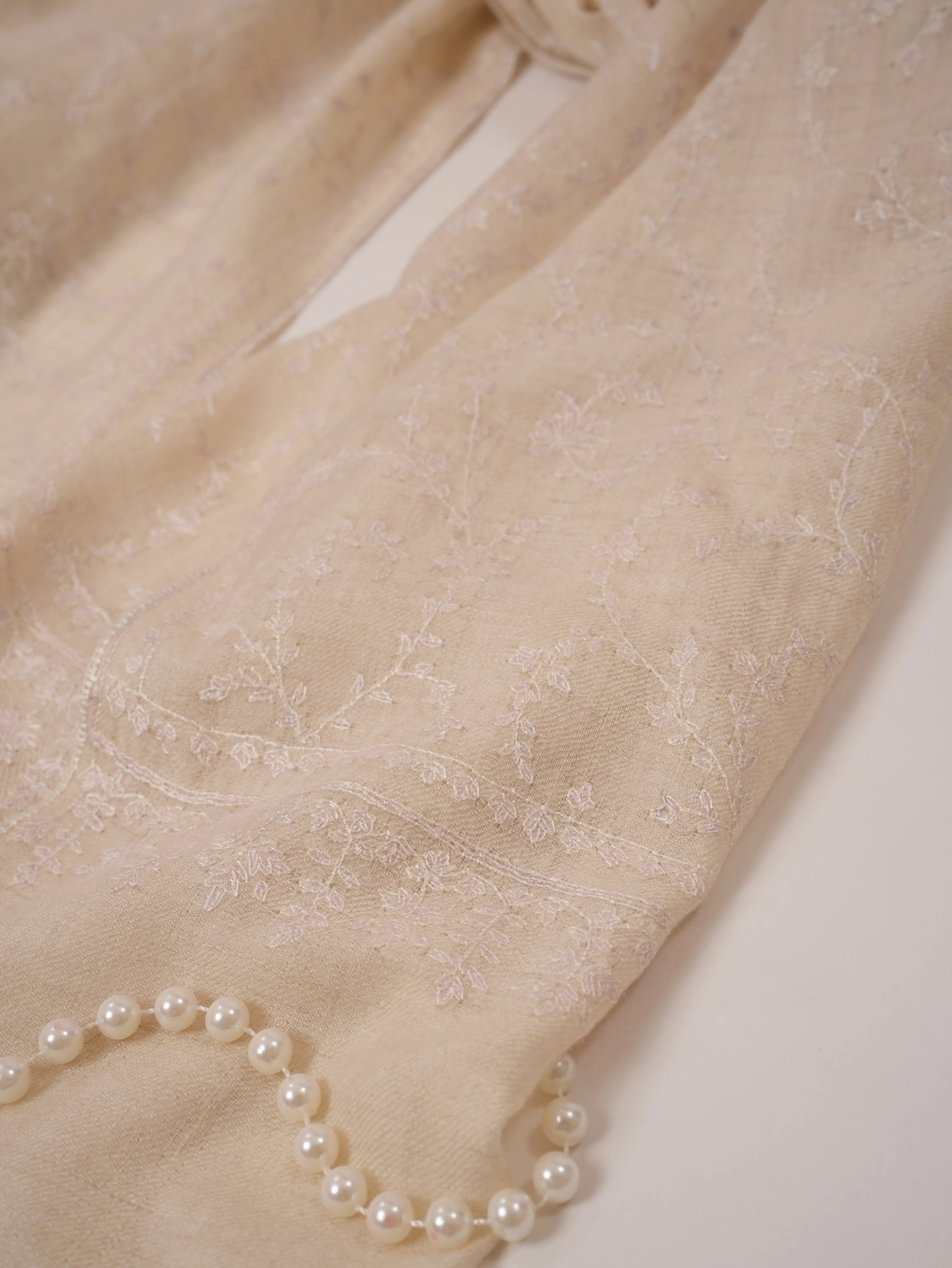 Natural Off White Handwoven Cashmere Scarf with White Hand Embroidery Shahkaar.com