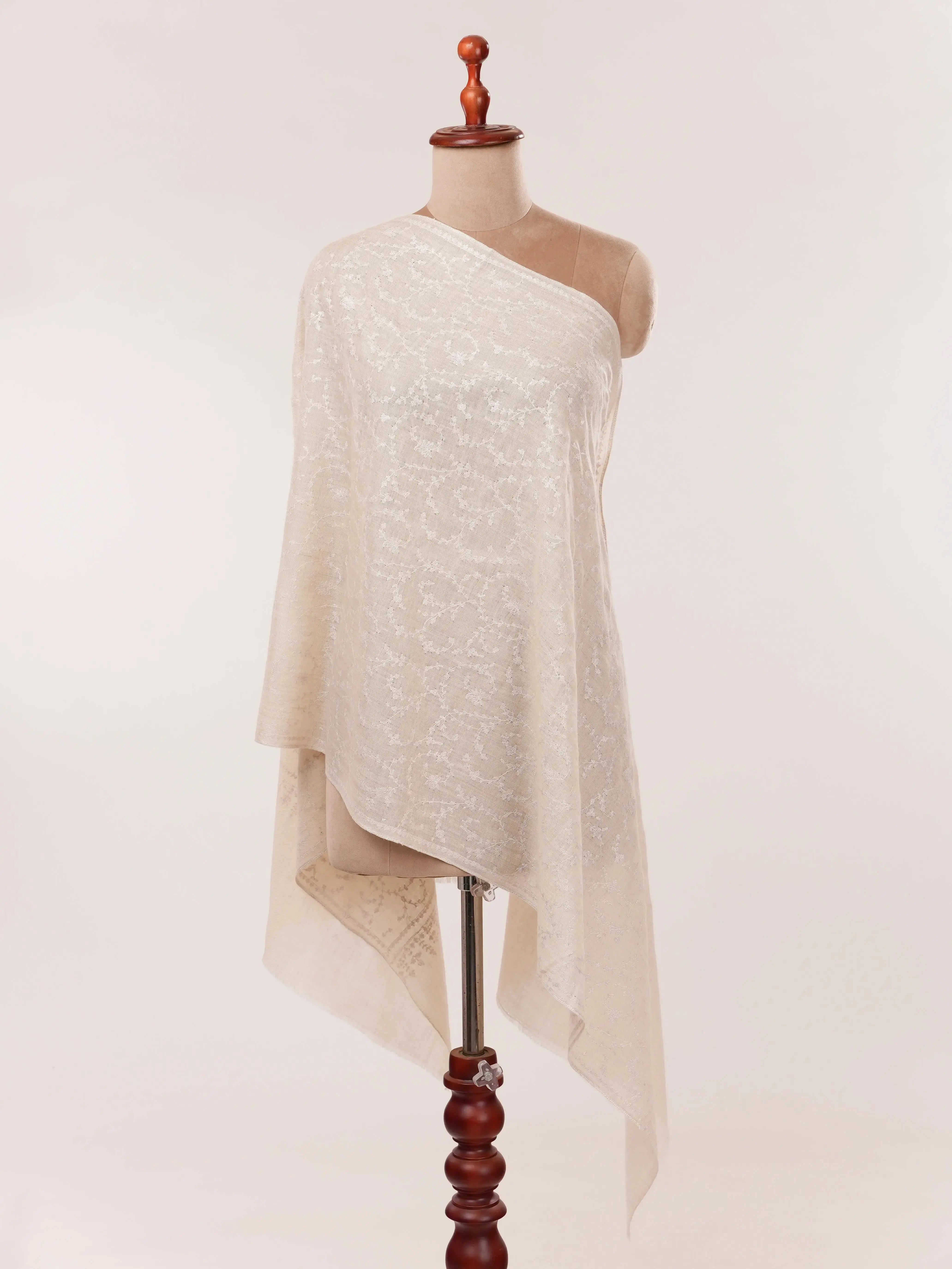 Natural Off White Handwoven Cashmere Scarf with White Hand Embroidery Shahkaar.com