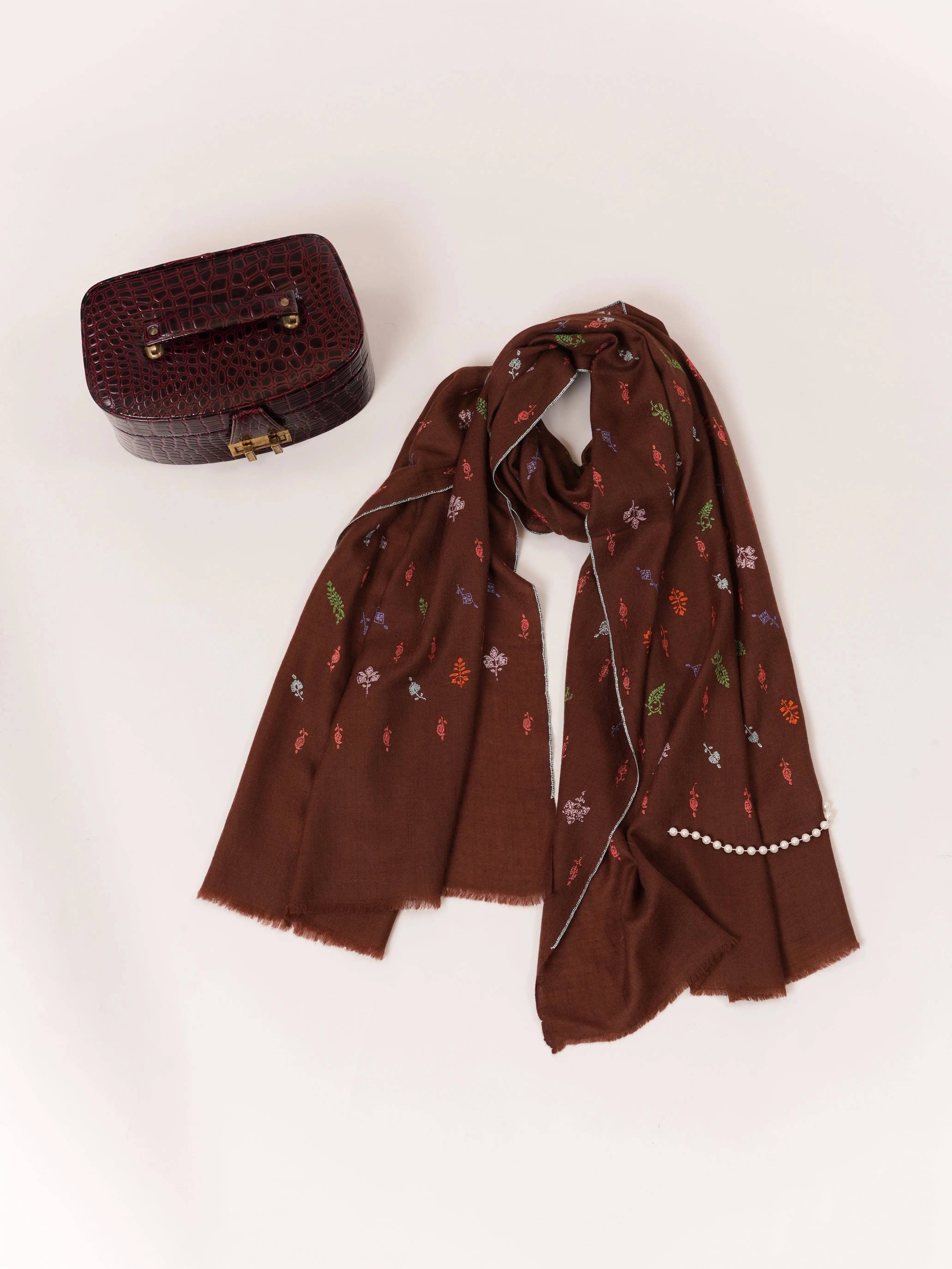 Brown Cashmere Scarf with Buteh Hand Embroidery Shahkaar.com