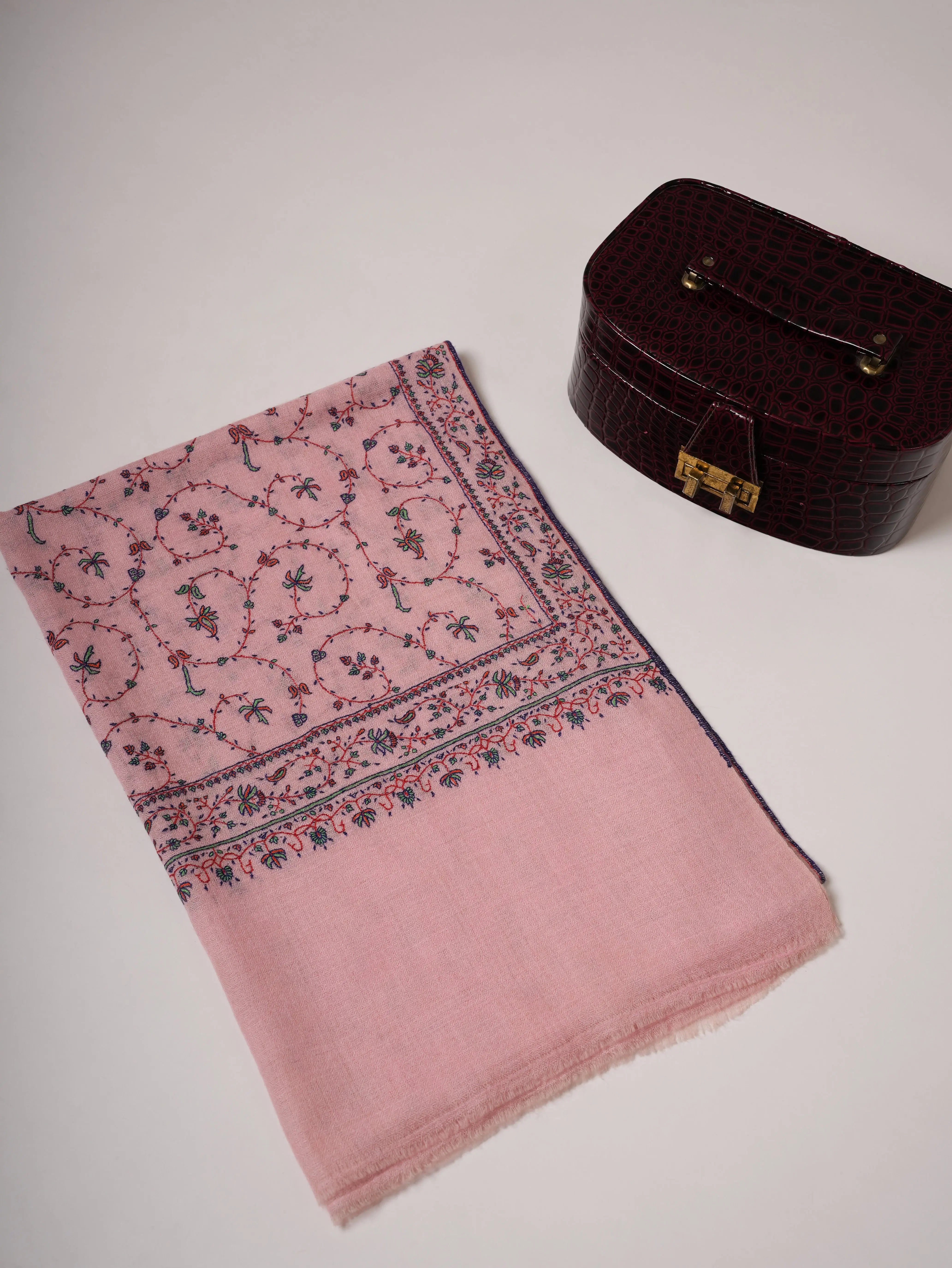 Baby Pink Soft Cashmere Scarf with Jali Hand Embroidery Shahkaar