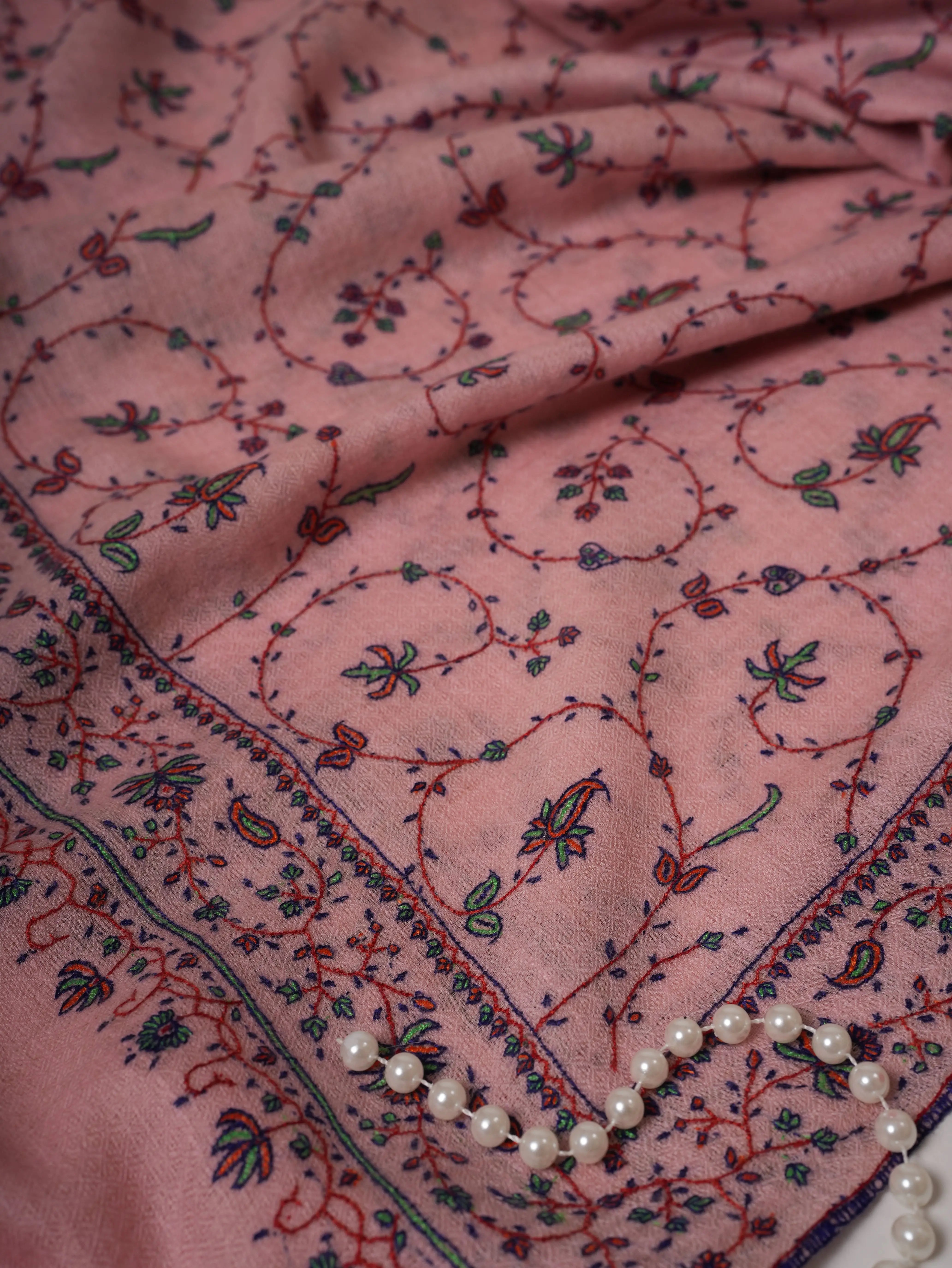 Baby Pink Soft Cashmere Scarf with Jali Hand Embroidery Shahkaar