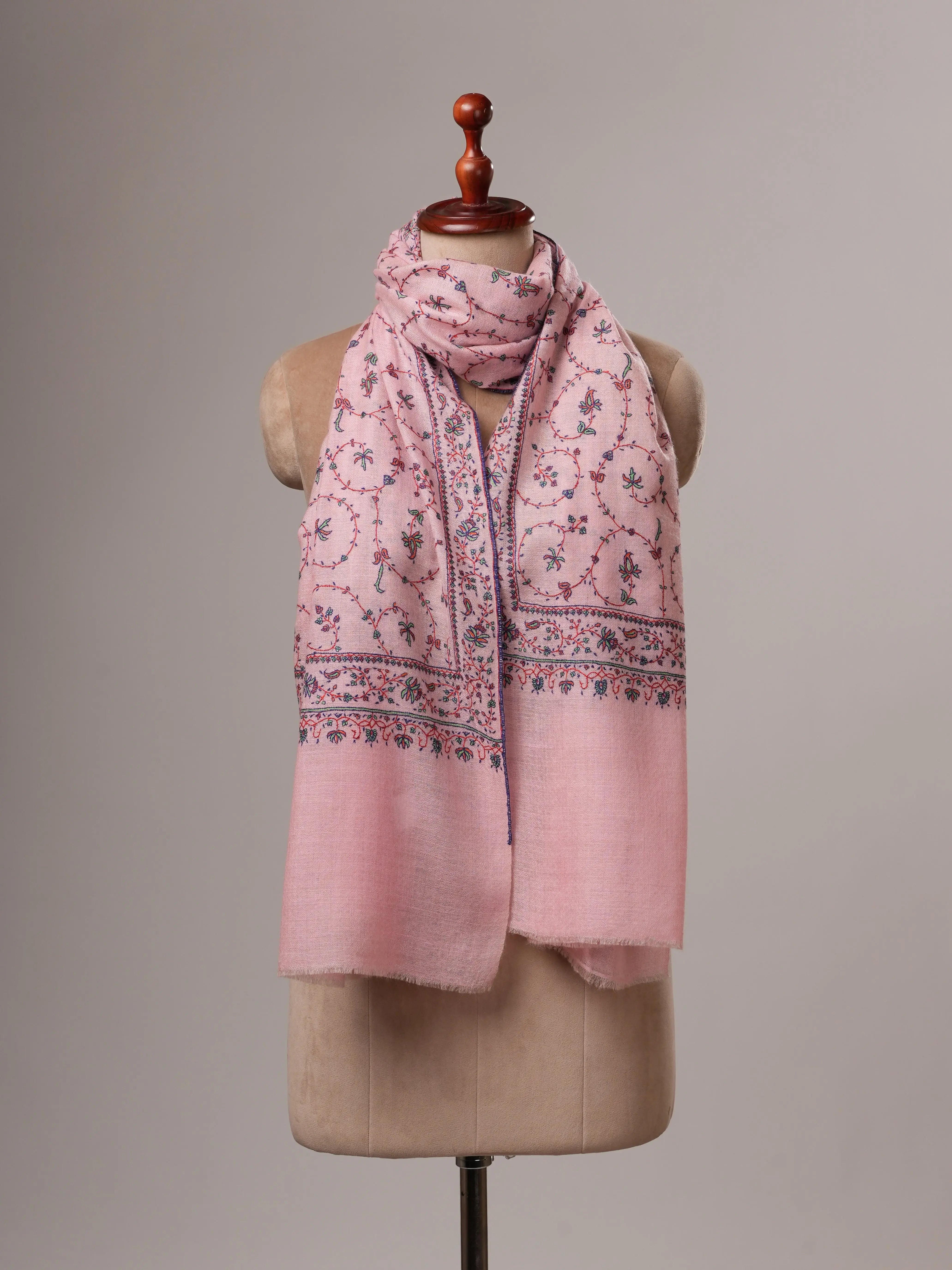 Baby Pink Soft Cashmere Scarf with Jali Hand Embroidery Shahkaar