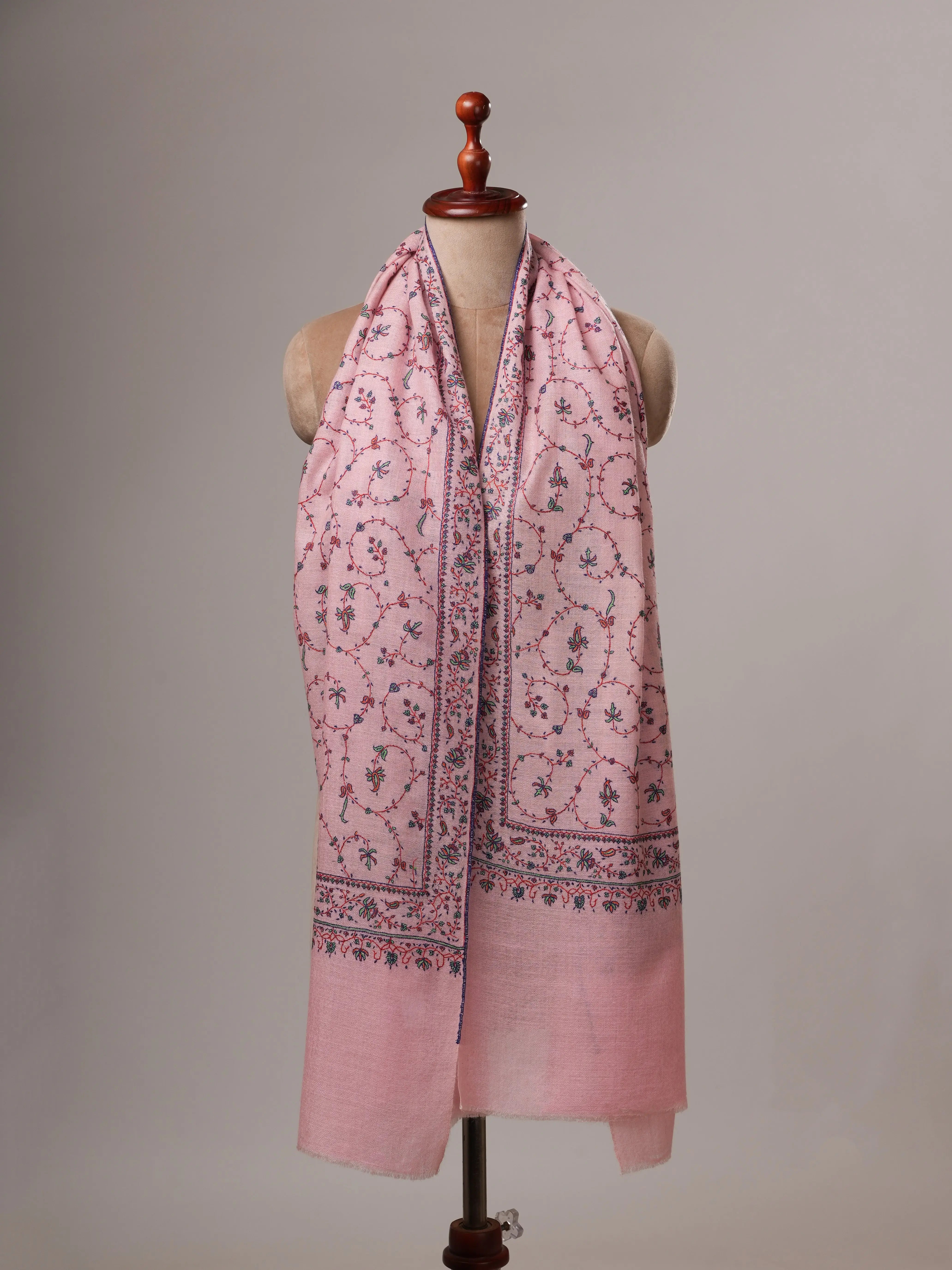 Baby Pink Soft Cashmere Scarf with Jali Hand Embroidery Shahkaar