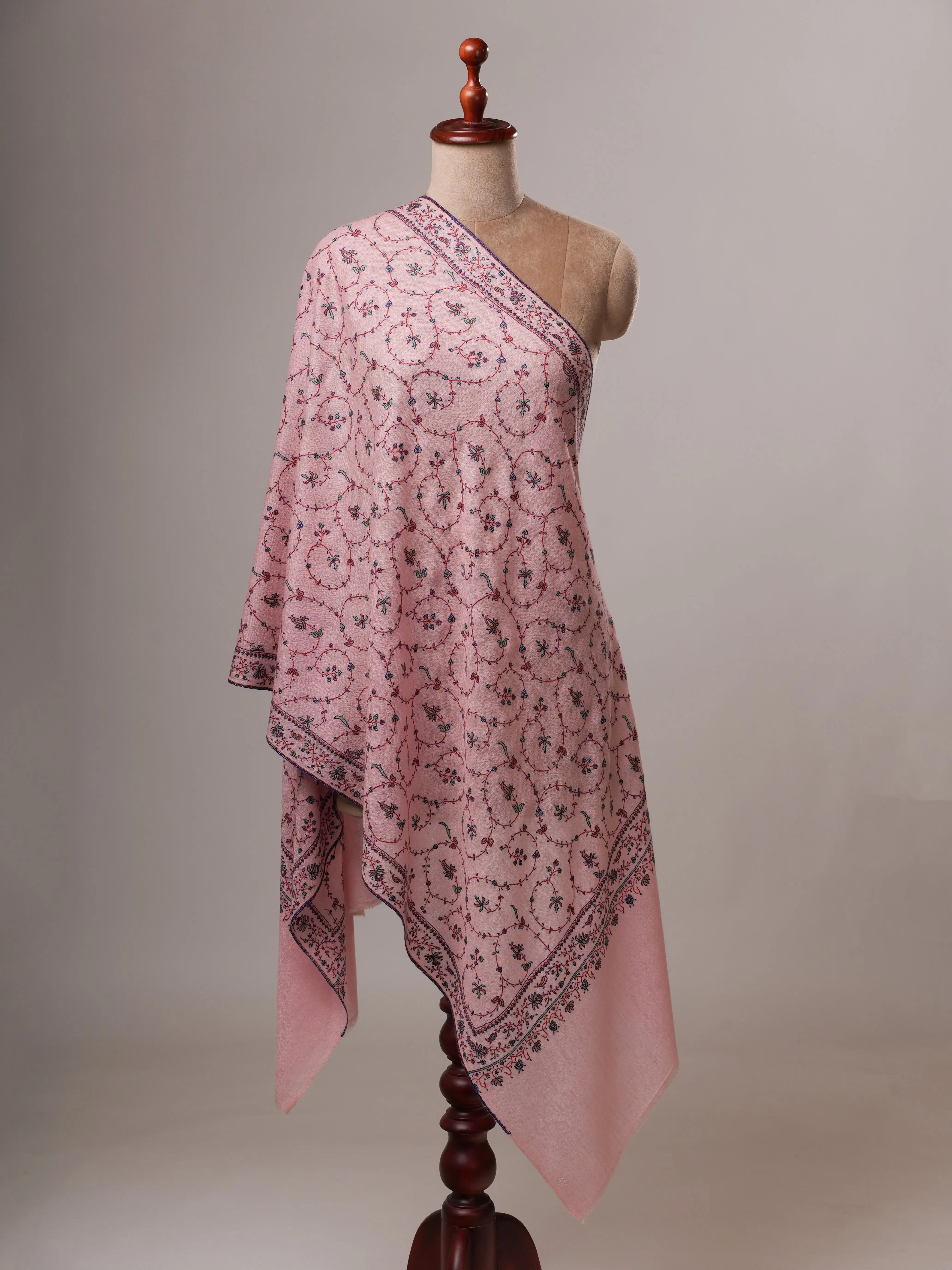 Baby Pink Soft Cashmere Scarf with Jali Hand Embroidery Shahkaar