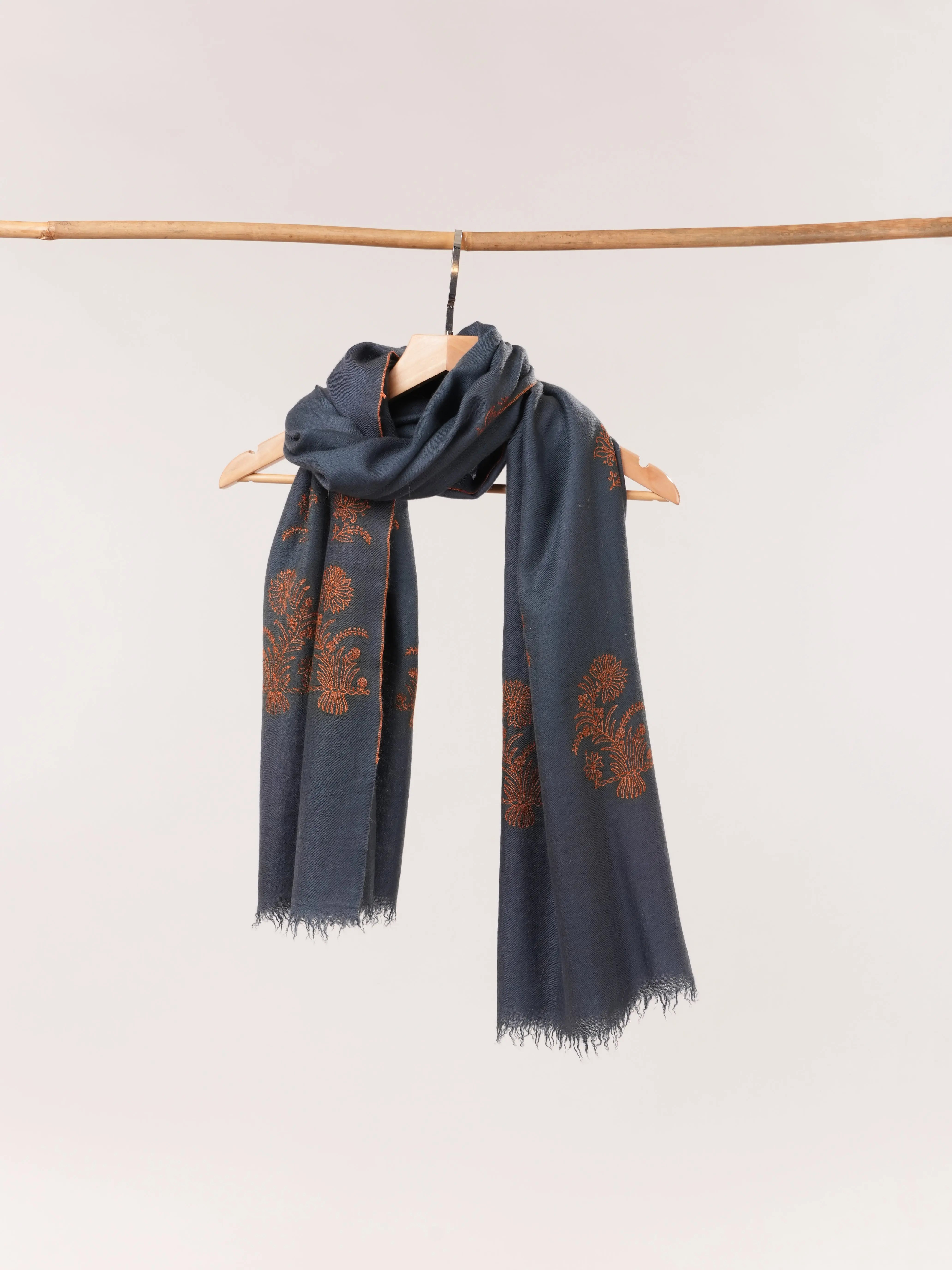 Dark Grey Handwoven Cashmere Scarf with Needlework Embroidery Shahkaar.com
