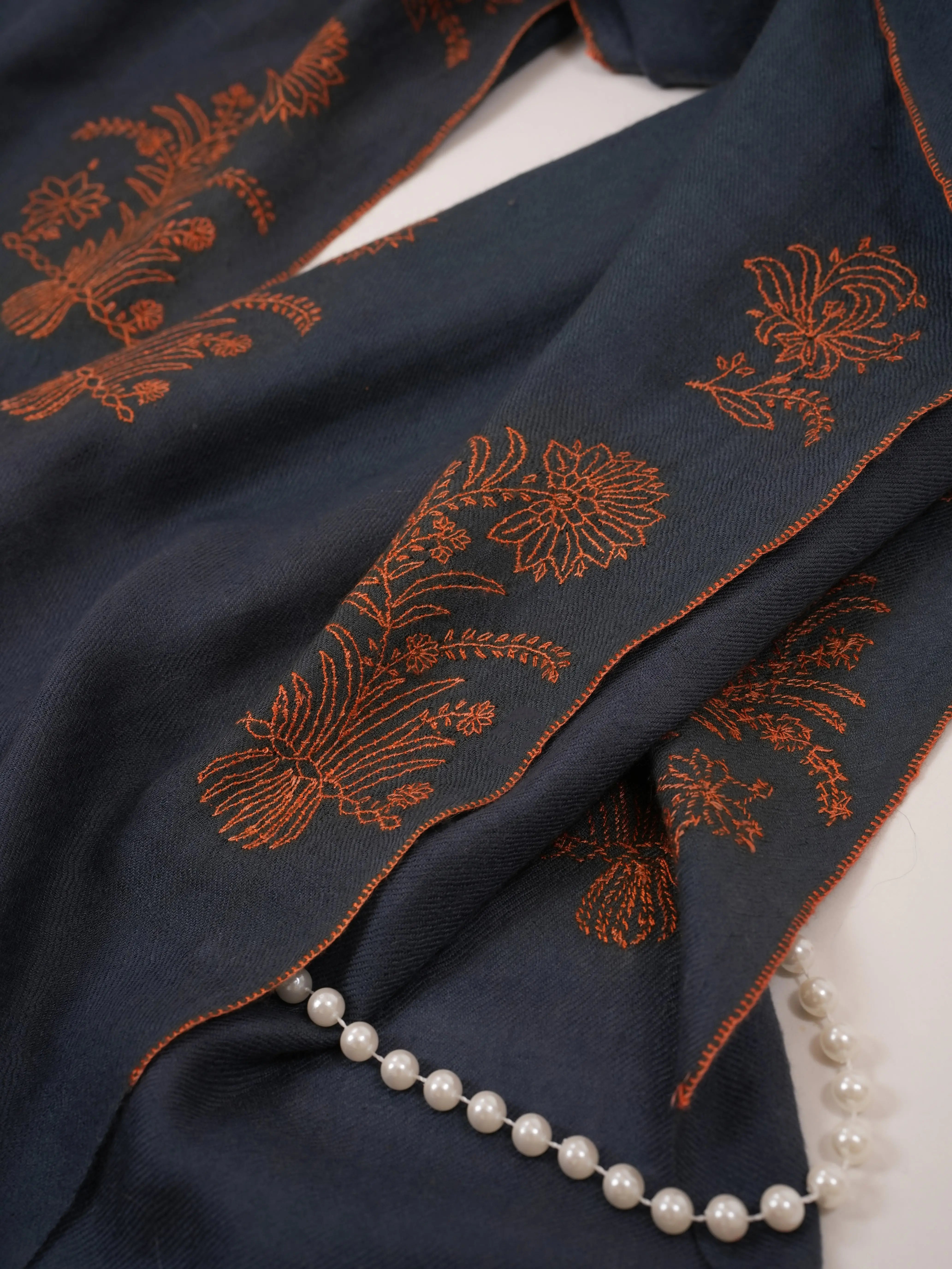 Dark Grey Handwoven Cashmere Scarf with Needlework Embroidery Shahkaar.com