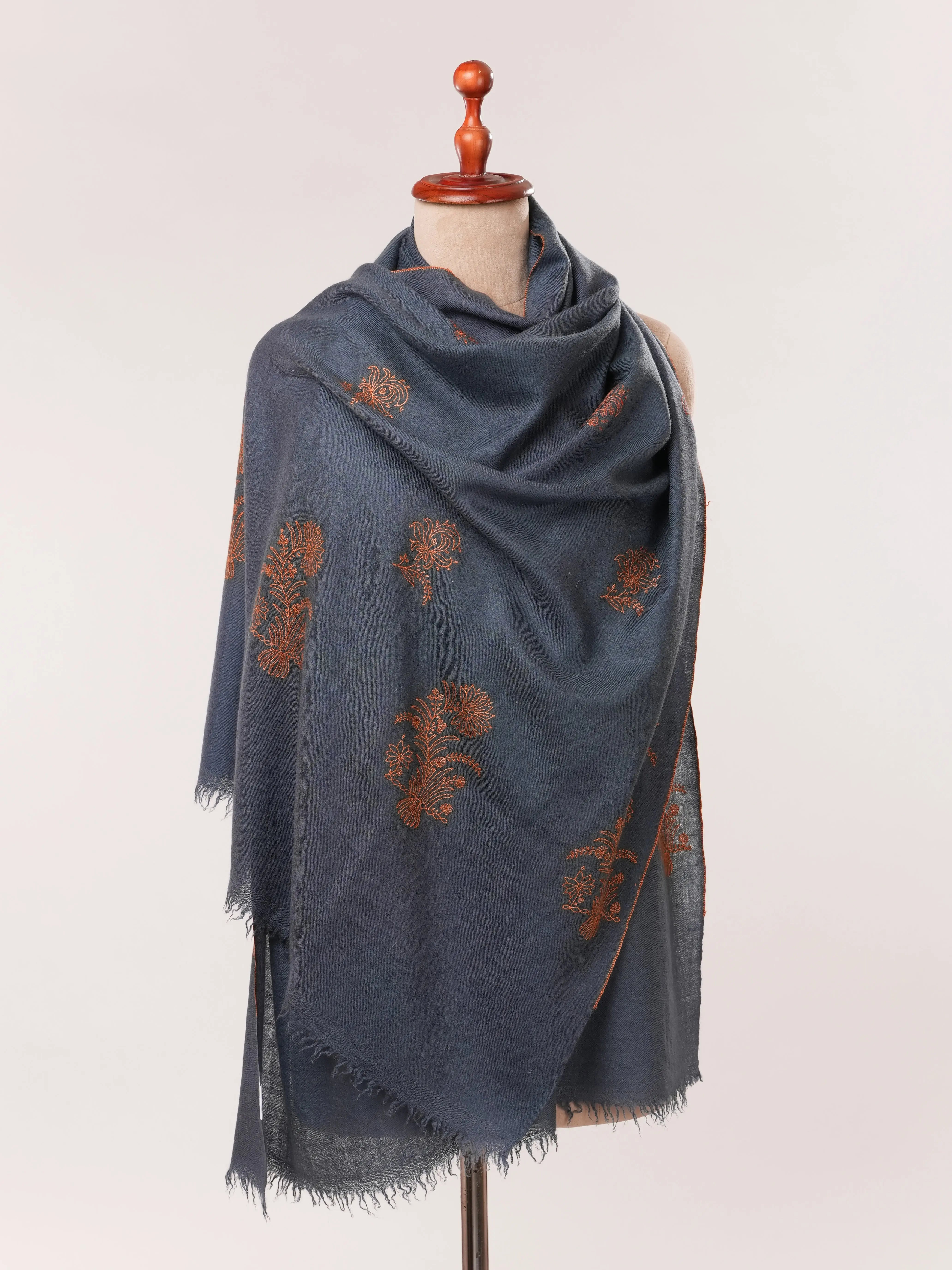 Dark Grey Handwoven Cashmere Scarf with Needlework Embroidery Shahkaar.com