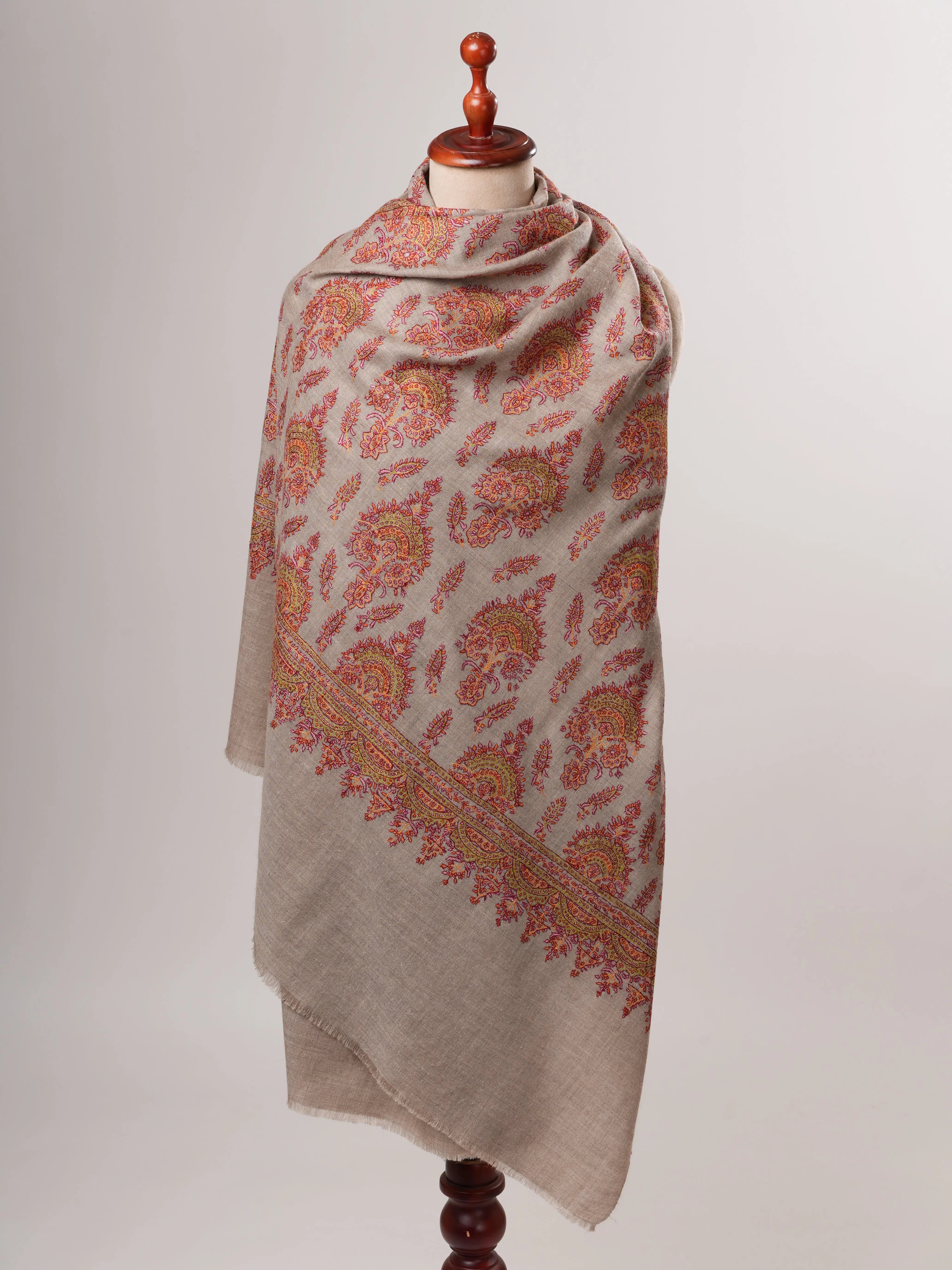 Natural Grey Kashmiri Pashmina Shawl with Classic Khakikaar Embroidery Shahkaar