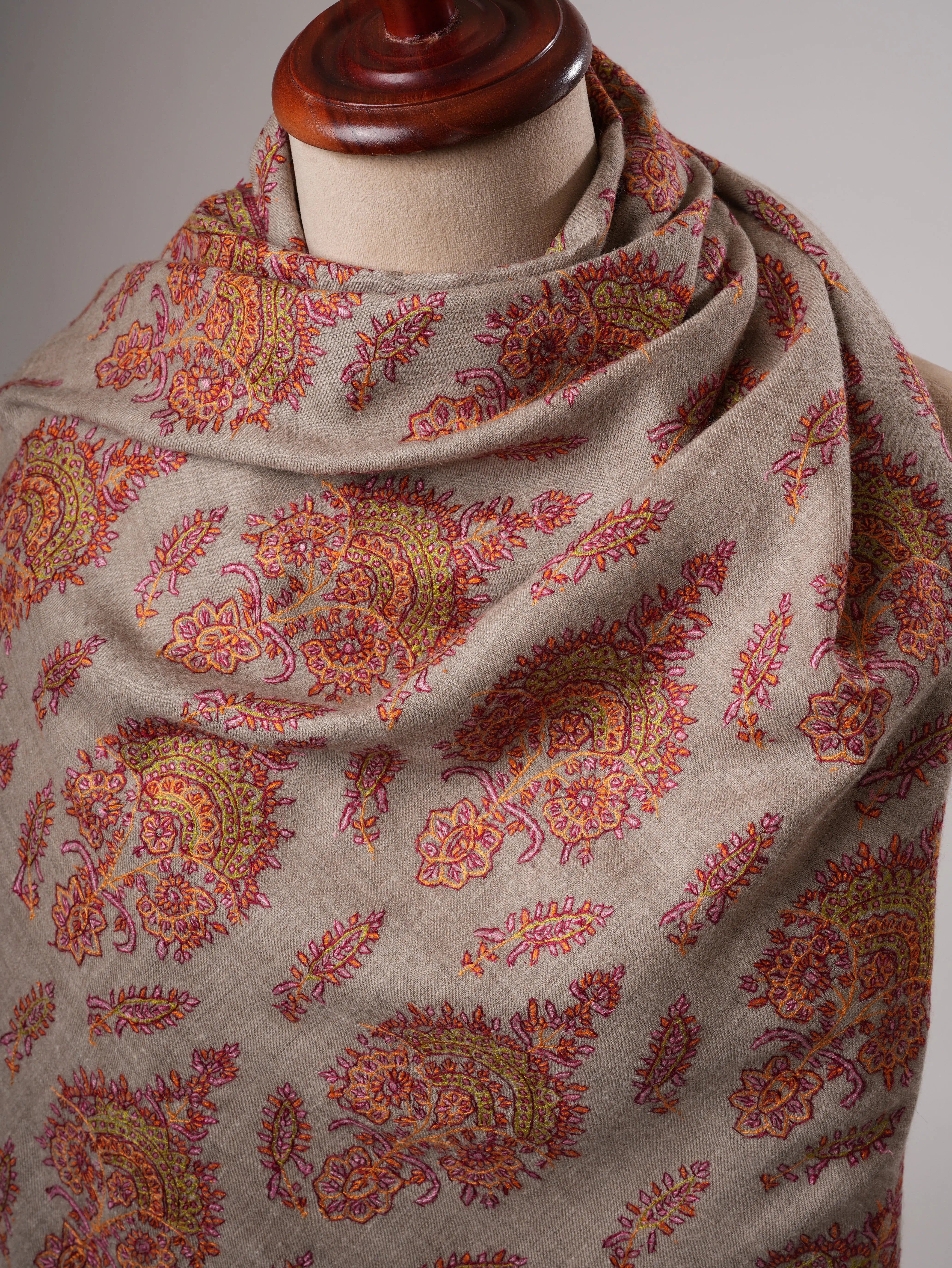 Natural Grey Kashmiri Pashmina Shawl with Classic Khakikaar Embroidery Shahkaar